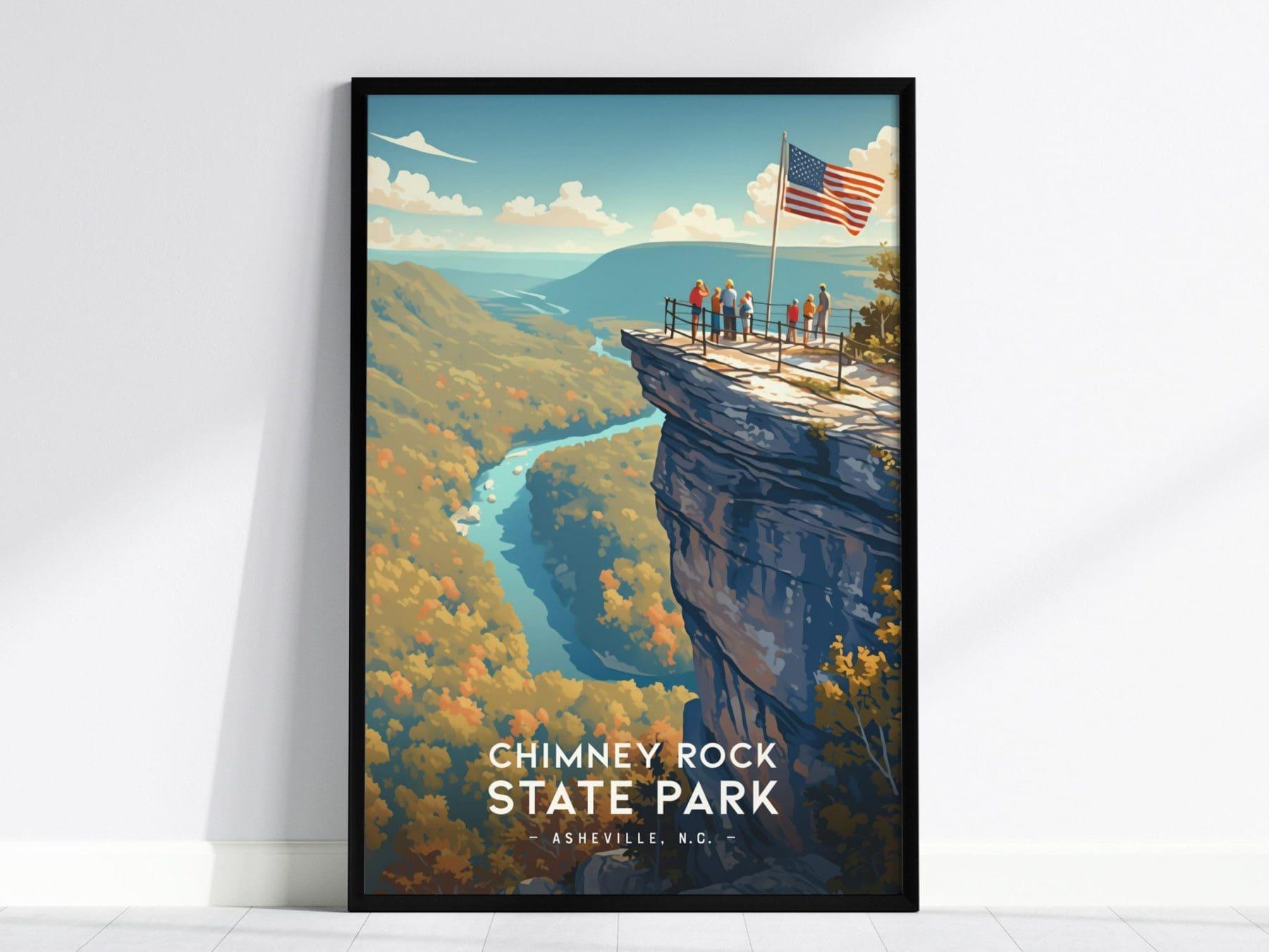 Chimney Rock State Park, Asheville, North Carolina, Framed Wall Art, NC Travel Poster Print Blue Ridge Vacation Cabin Decor Artwork Gift Set - Swell Scenes