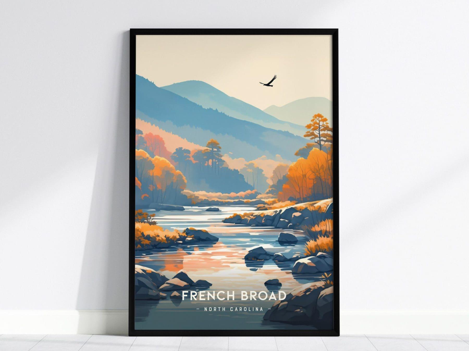 French Broad River, North Carolina, Tennessee, Framed Wall Art, NC TN Travel Poster Print Blue Ridge Vacation Cabin Decor Artwork Gift Set - Swell Scenes