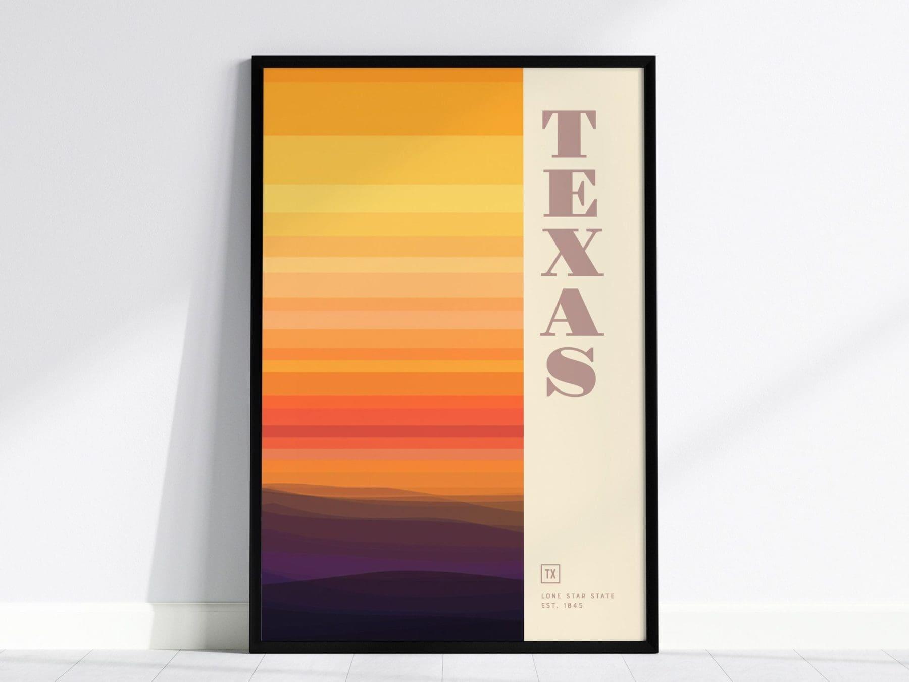 Texas Minimalist Design Framed Wall Art, Lone Star State Minimal Abstract Modern Poster, Texan Designer Decor TX Travel Print Typography - Swell Scenes