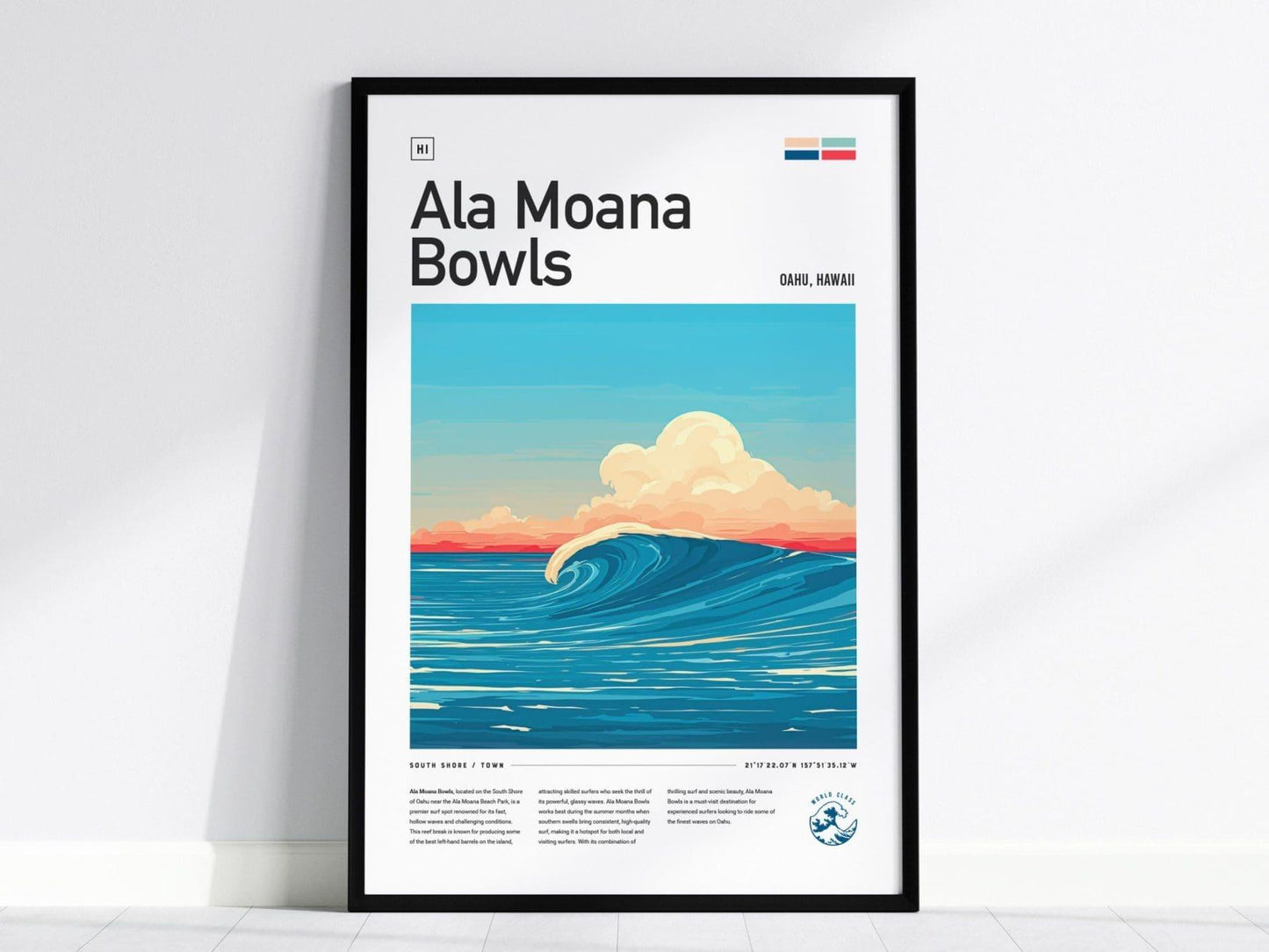 Ala Moana Bowls Surf Spot Framed Wave Poster, Honolulu Surfing Wall Art, Oahu Hawaii Vacation Travel Print, South Shore Surfer Decor Gift - Swell Scenes