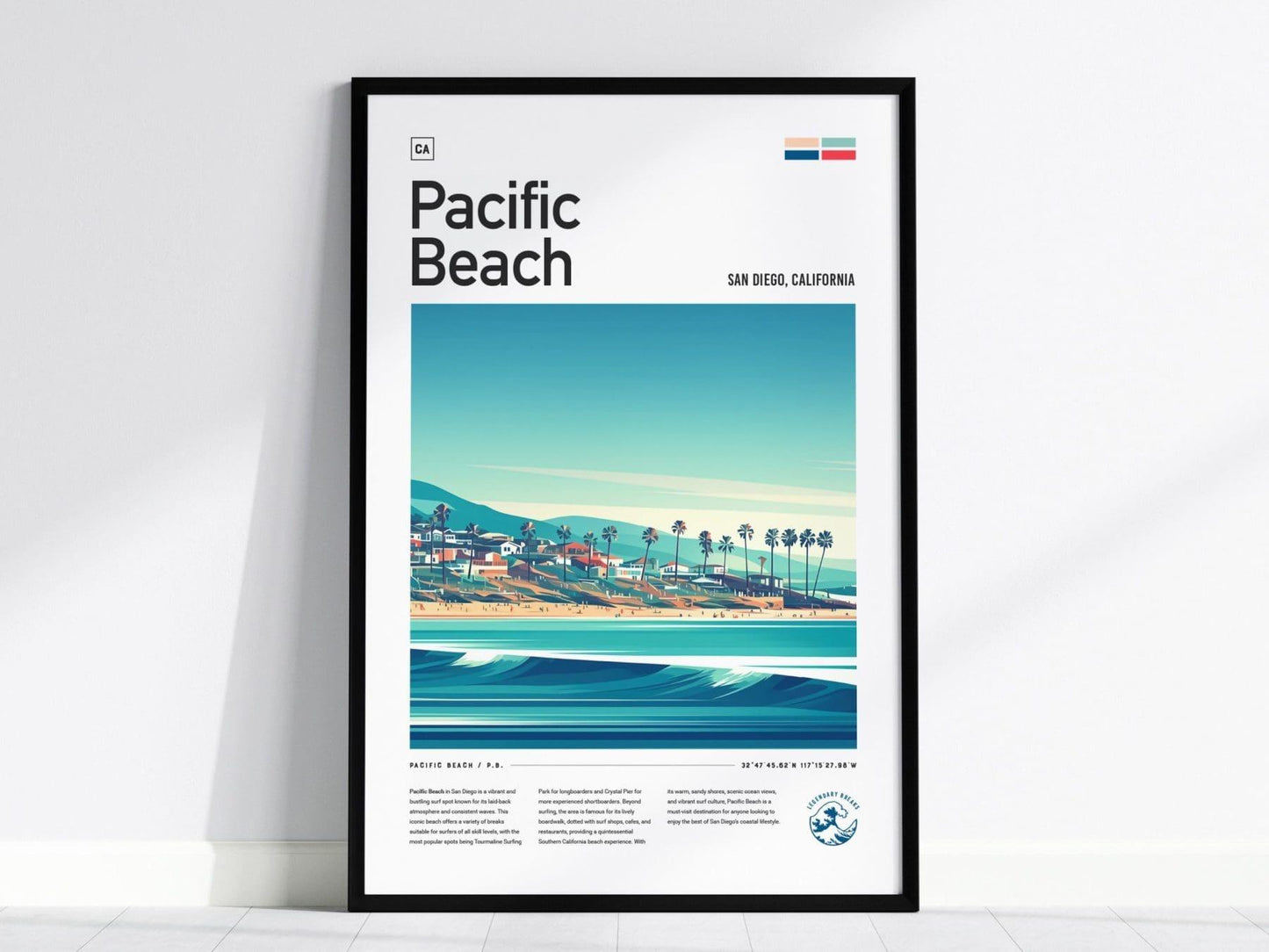 Pacific Beach CA Surf Spot Framed Poster, San Diego Wall Art, California Surf Travel Print, Surfer Home Decor Socal Surfing Design Wave Gift - Swell Scenes
