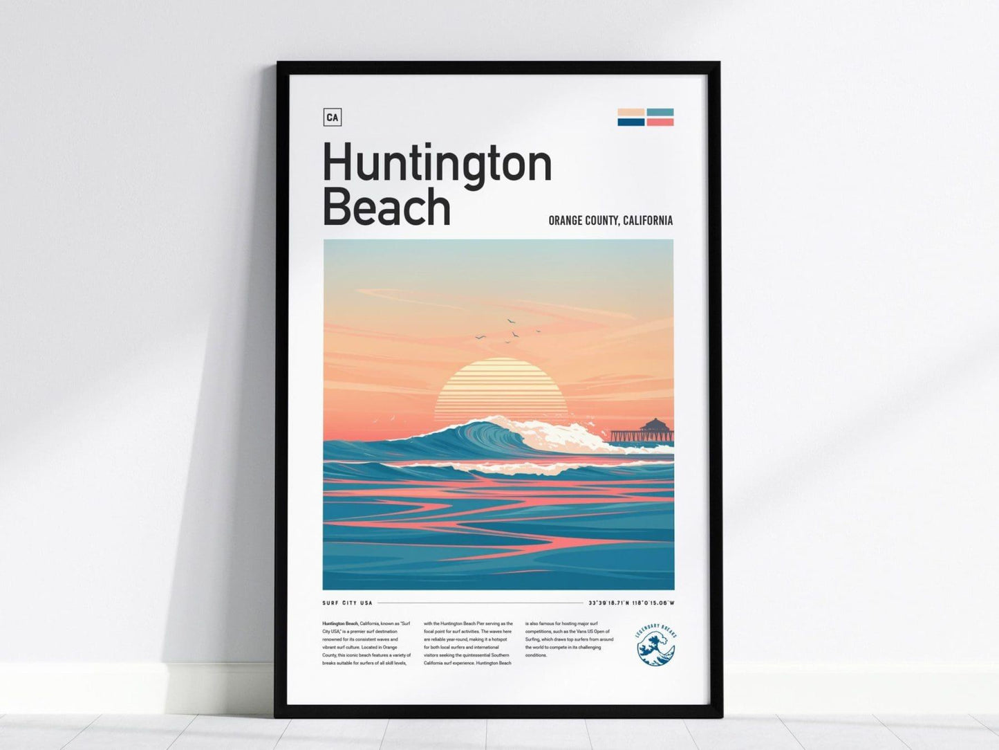 Huntington Beach Surf Spot Framed Poster, Surf City USA Surfer Wall Art, California Surf Travel Print, US Open Surfing Decor Socal Wave Gift - Swell Scenes
