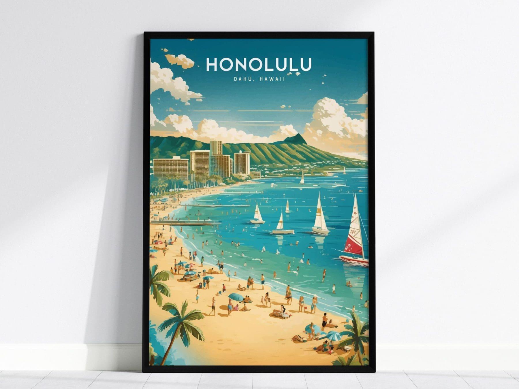Honolulu, Oahu Poster - Waikiki & Diamond Head View, Framed/Unframed Hawaiian Landscape, Perfect Gift for Travelers and Home Decor - Swell Scenes