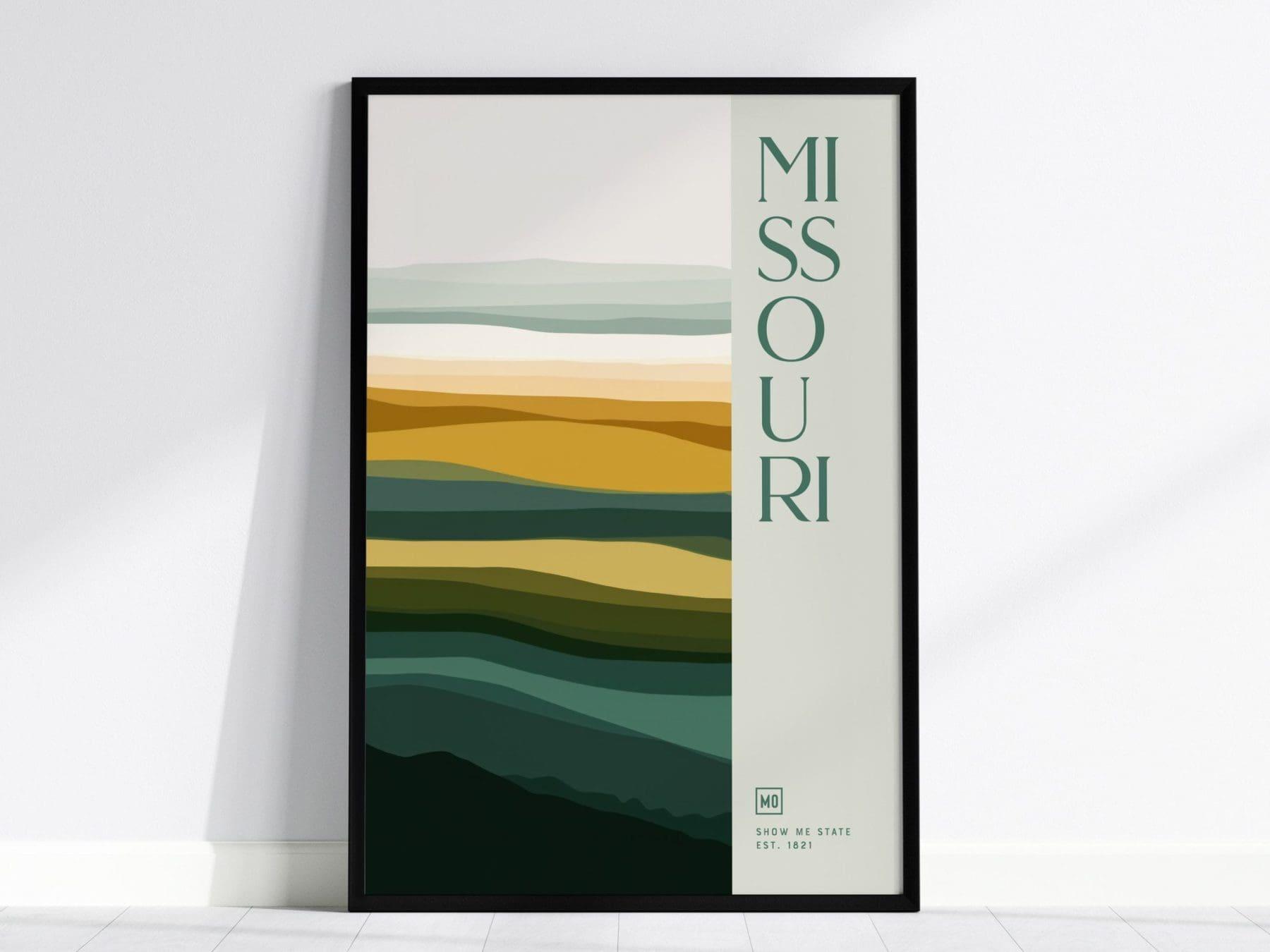 Missouri Minimalist Design Framed Wall Art, Show Me State Minimal Abstract Modern Poster, MO Ozarks Decor Travel Print Typography Gift Set - Swell Scenes