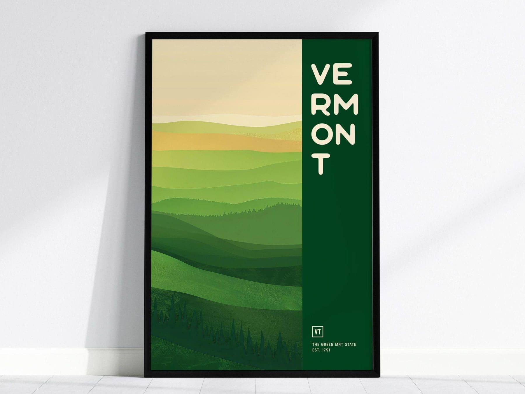 Vermont, The Green Mountain State Poster - Minimalist Landscape Art, Available Framed/Unframed, Perfect for Home and Office Decor - Swell Scenes