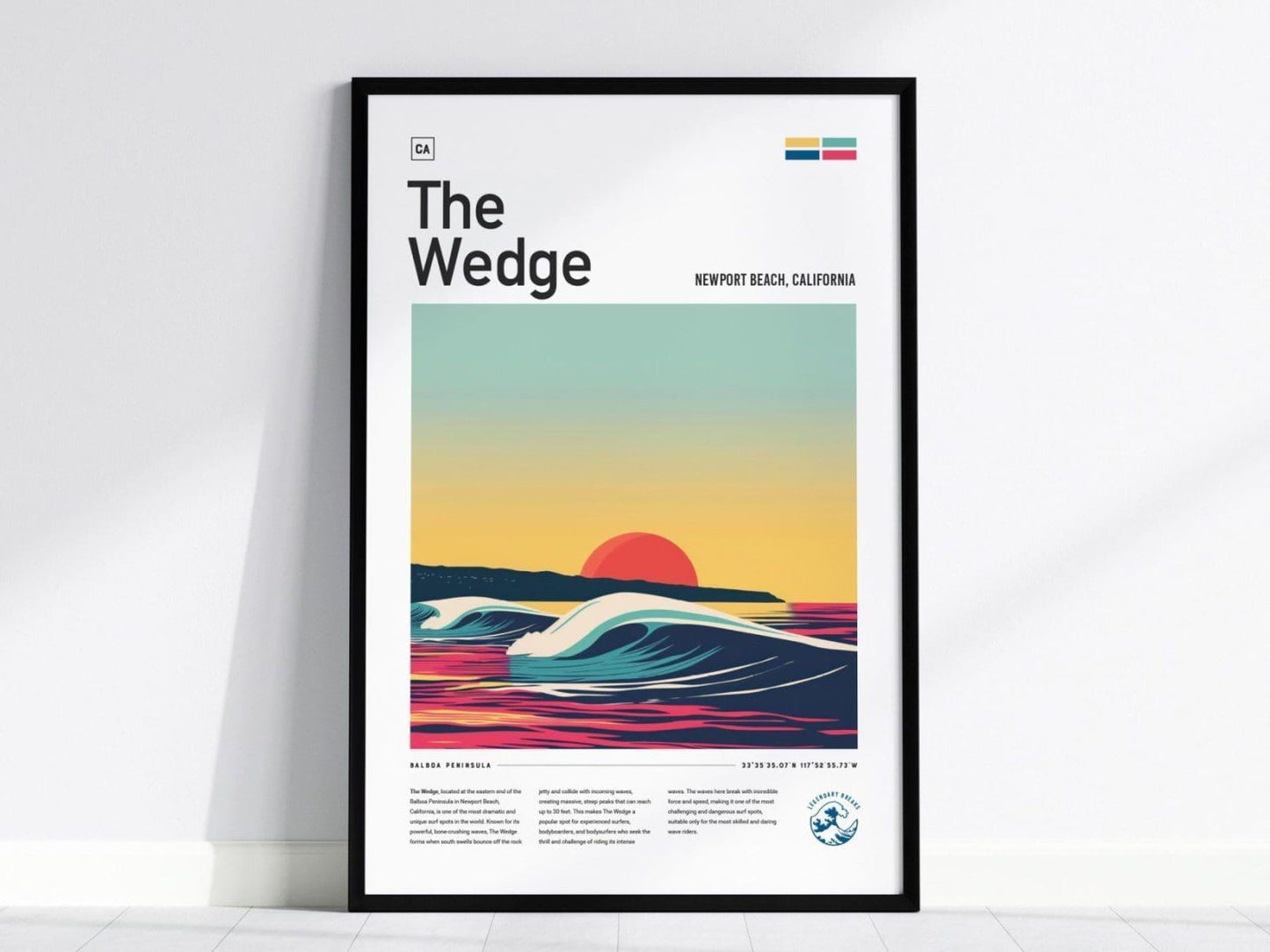 The Wedge poster in black wood frame showing minimalist Newport Beach surf art with dramatic sunset wave design