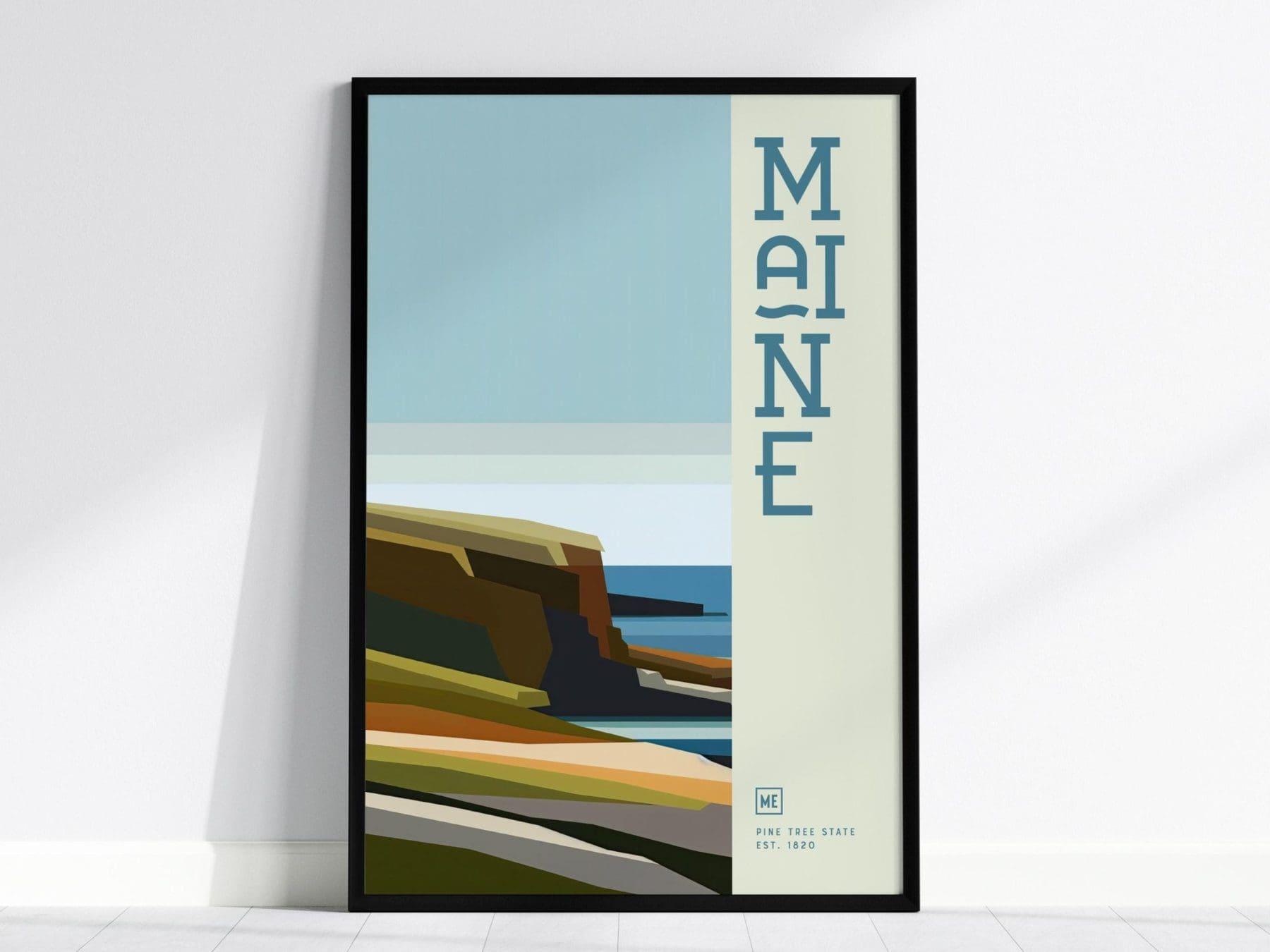 Maine Minimalist Design Framed Wall Art, Pine Tree State Minimal Abstract Modern Poster, ME Pride Decor US Travel Print Typography Gift Set - Swell Scenes