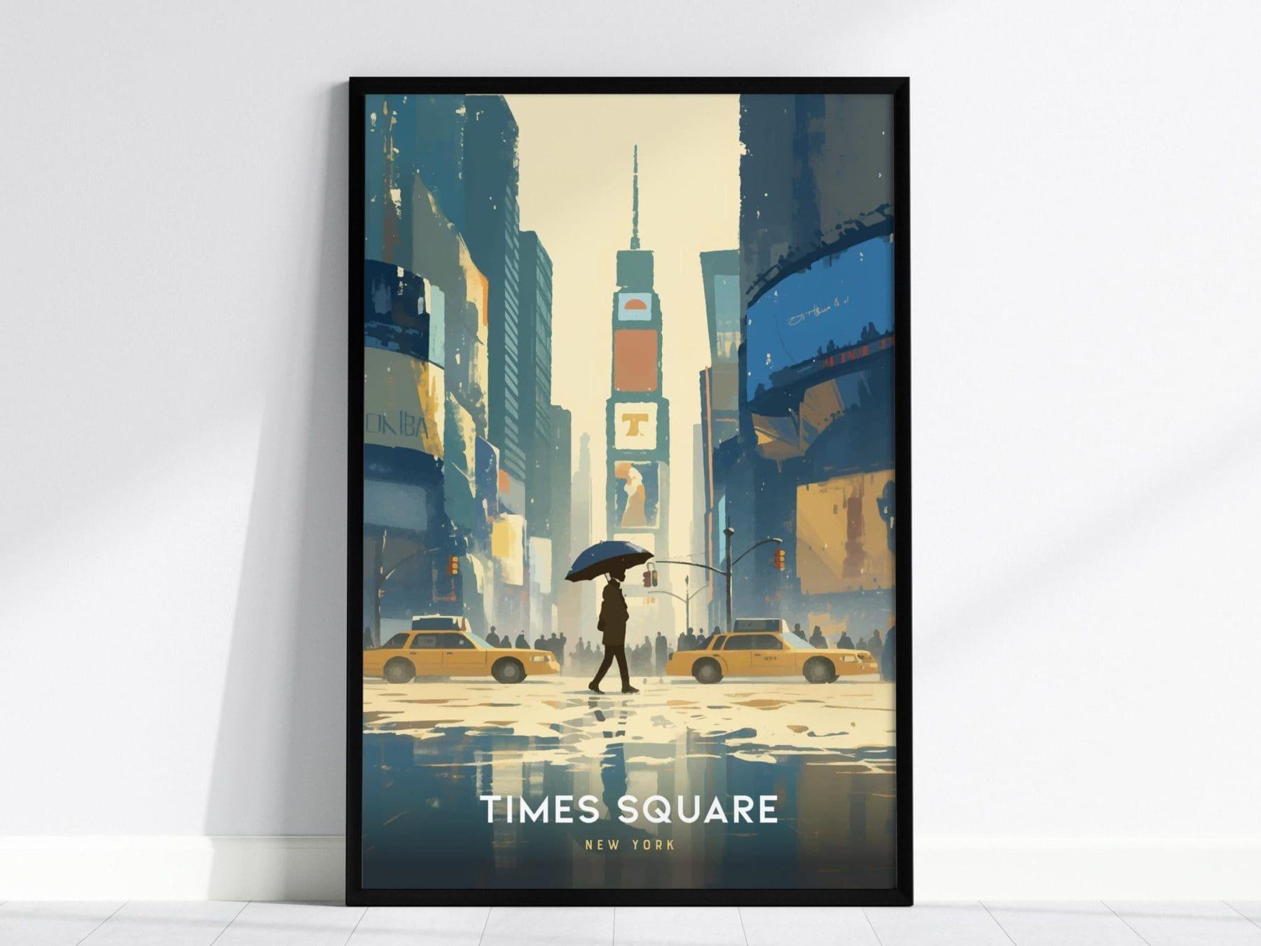 Framed artwork of Times Square, New York with a person holding an umbrella.