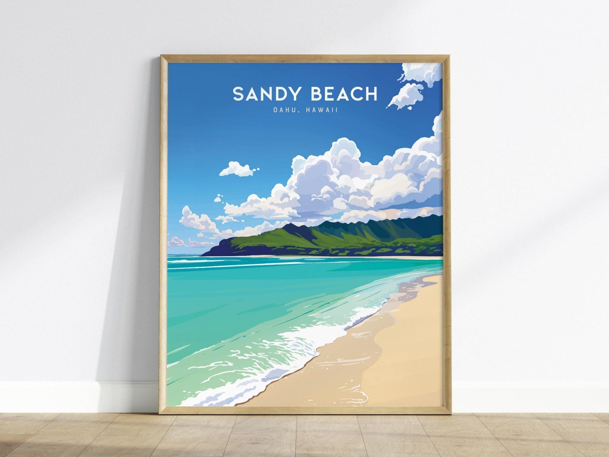 Sandy Beach, Oahu Hawaii Poster - Tropical Paradise Scene, Available Framed/Unframed, Perfect Wedding or Anniversary Gift, Hawaiian Wall Art - Swell Scenes