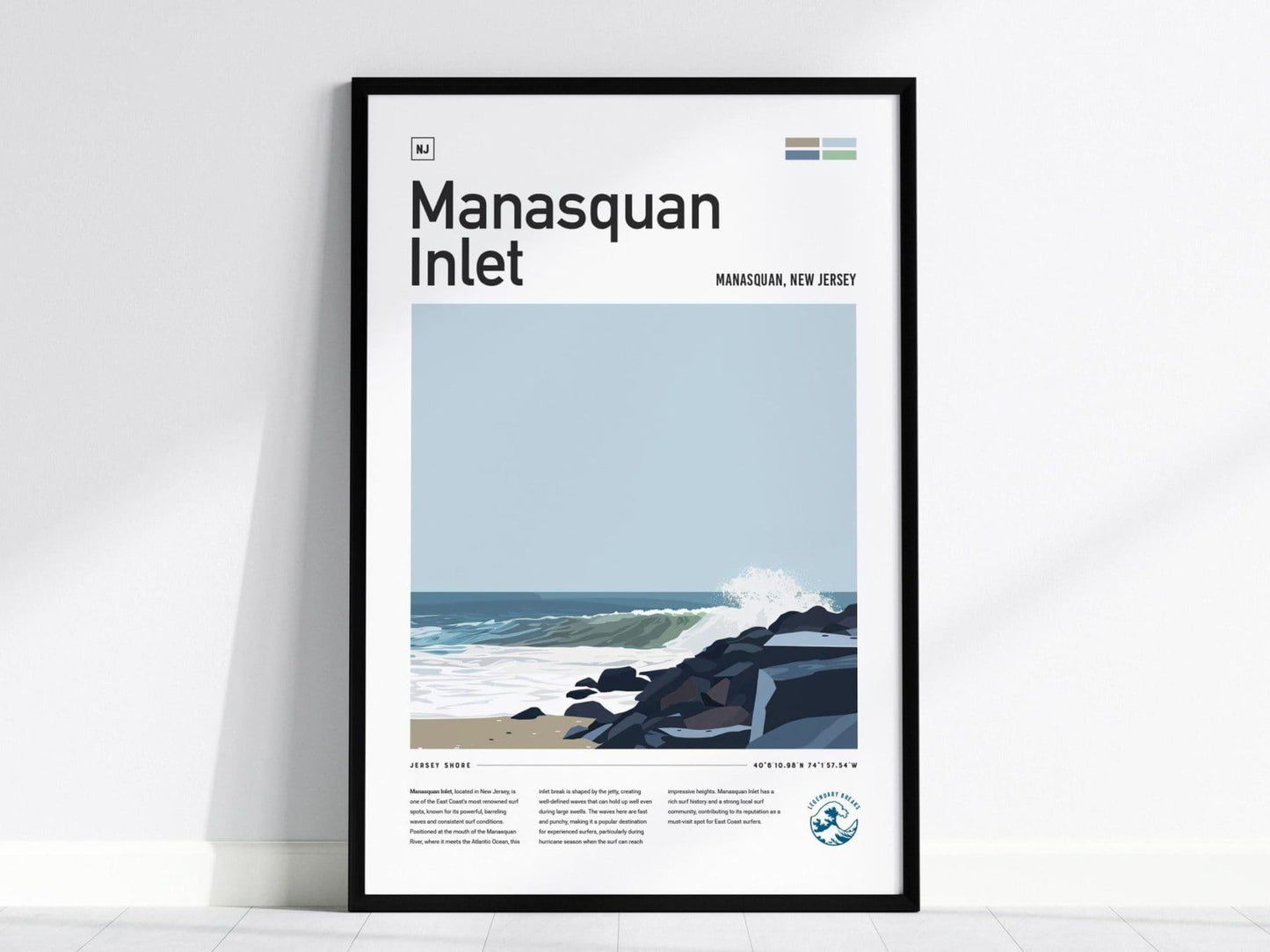 Manasquan Inlet Surf Spot Framed Poster, New Jersey Shore Surfer Wall Art, New England Surf Travel Print, NJ Decor Surfing Wave Gift - Swell Scenes