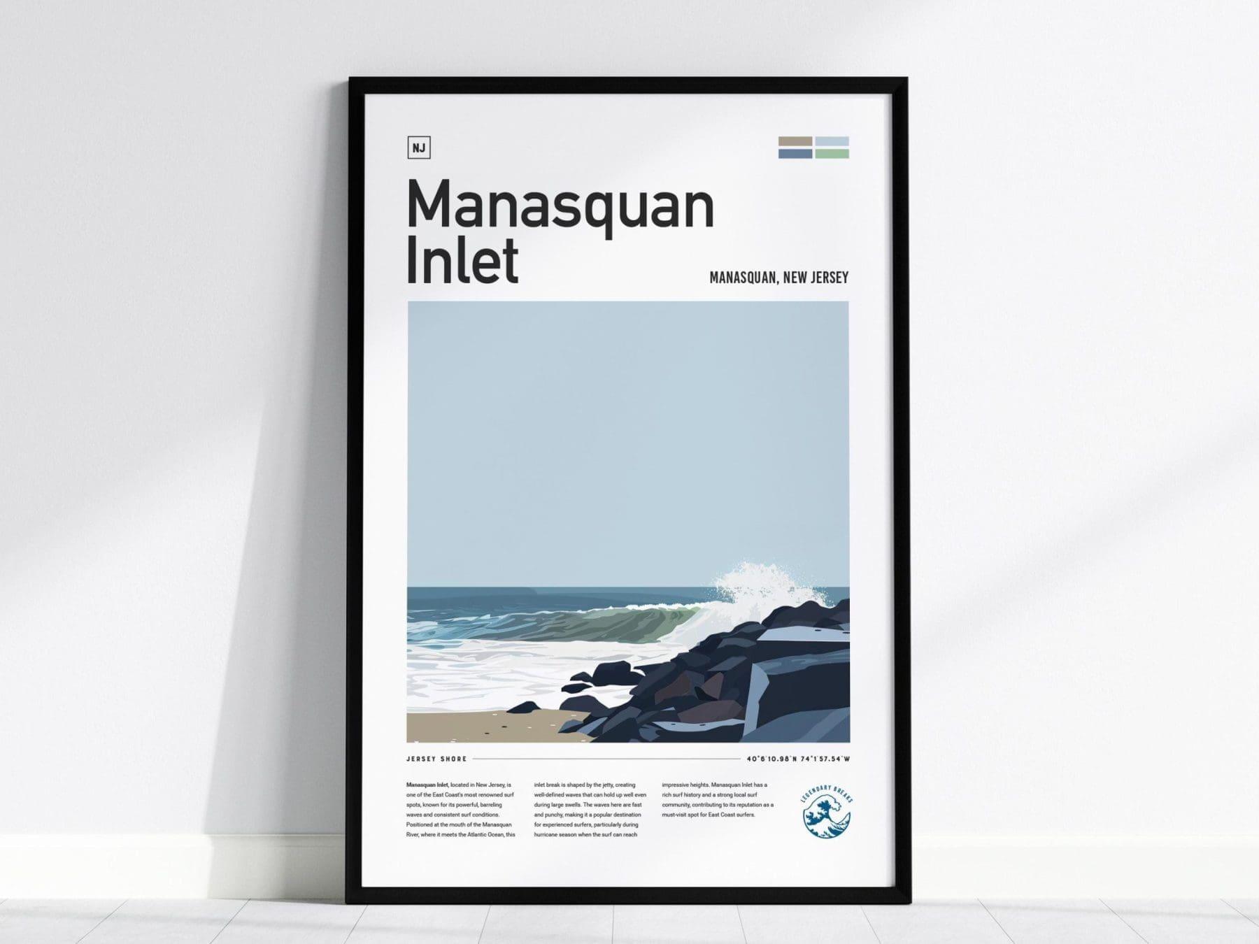 Manasquan Inlet Surf Spot Framed Poster, New Jersey Shore Surfer Wall Art, New England Surf Travel Print, NJ Decor Surfing Wave Gift - Swell Scenes