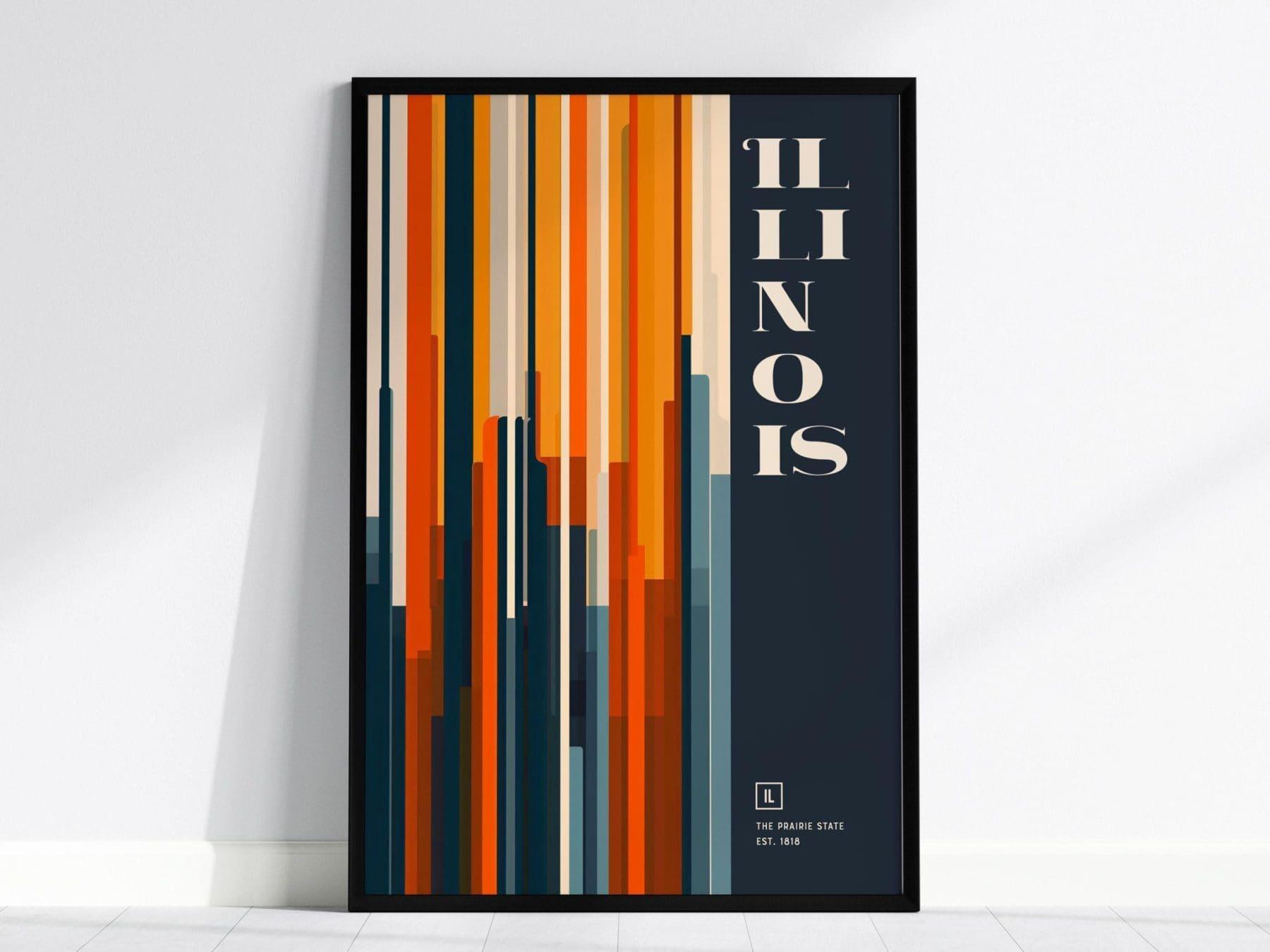Illinois, the Prairie State Poster - Abstract Cityscape, Colorful Design, Available Framed or Unframed, Ideal for Modern Home Office Decor - Swell Scenes