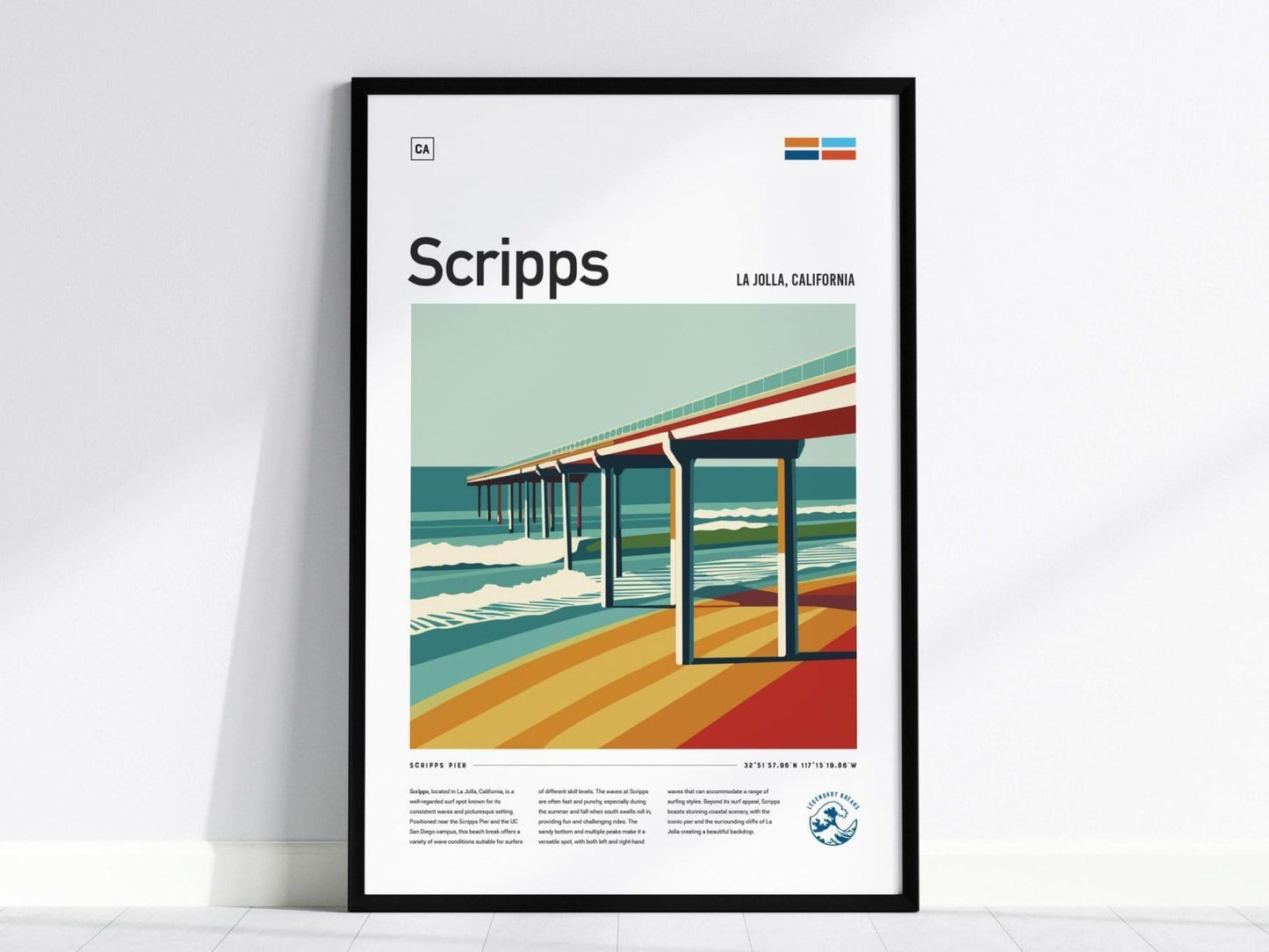 Scripps Pier Surf Spot Framed Poster, La Jolla California Surfer Wall Art, CA Surf Travel Print Beach House Modern Design Surfing Wave Gift - Swell Scenes