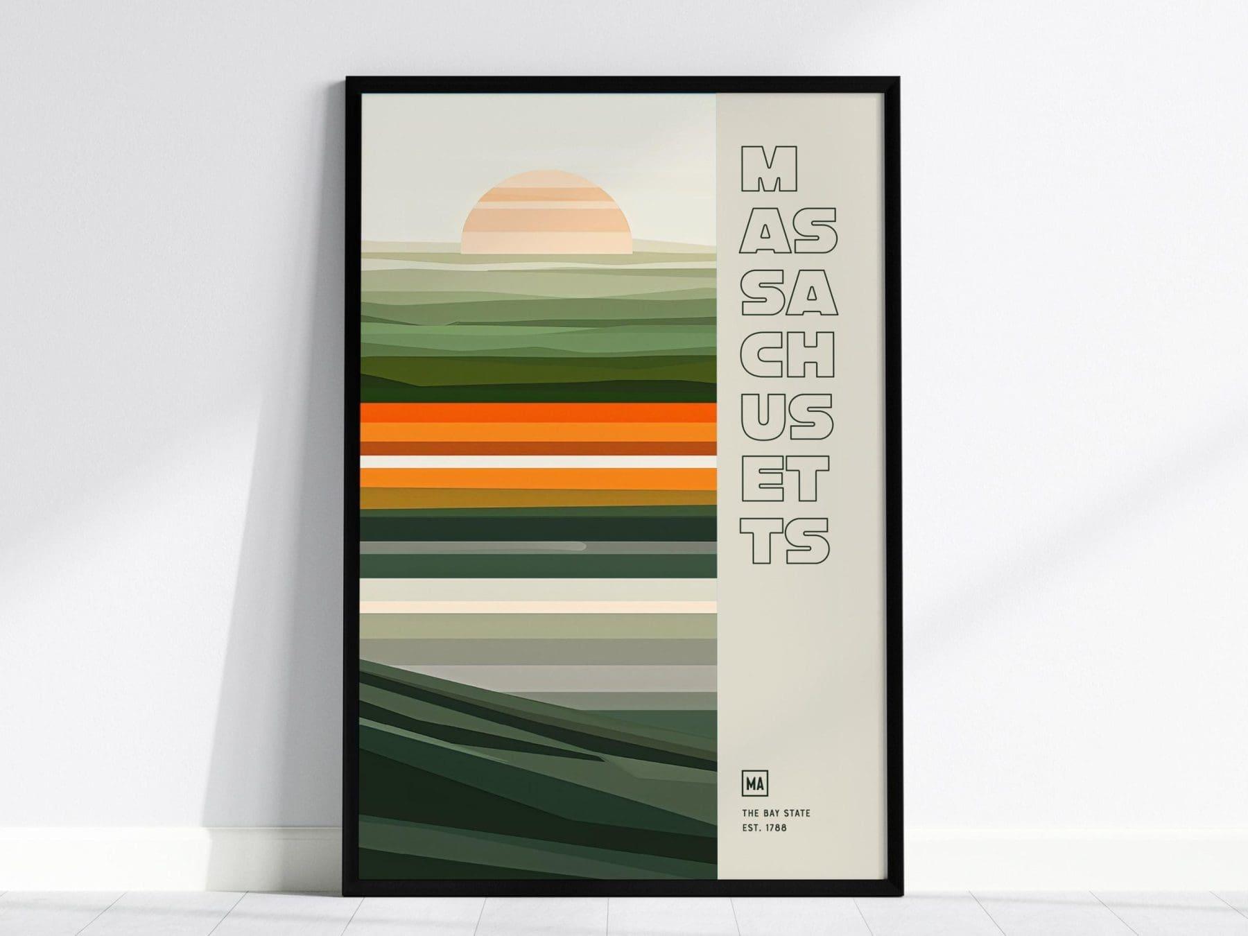 Massachusetts, The Bay State Poster - Abstract Midcentury Modern Art, Available Framed/Unframed, Perfect for Modern Home or Office Decor - Swell Scenes