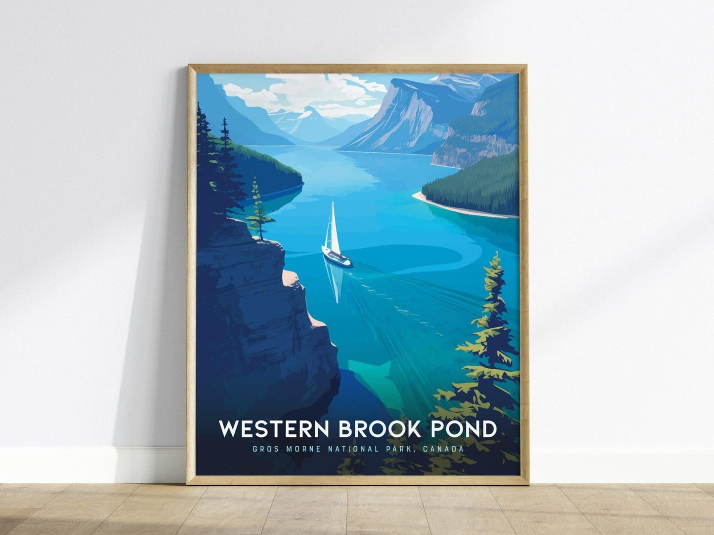 Framed poster of Western Brook Pond with a sailboat on a lake, surrounded by mountains and trees.