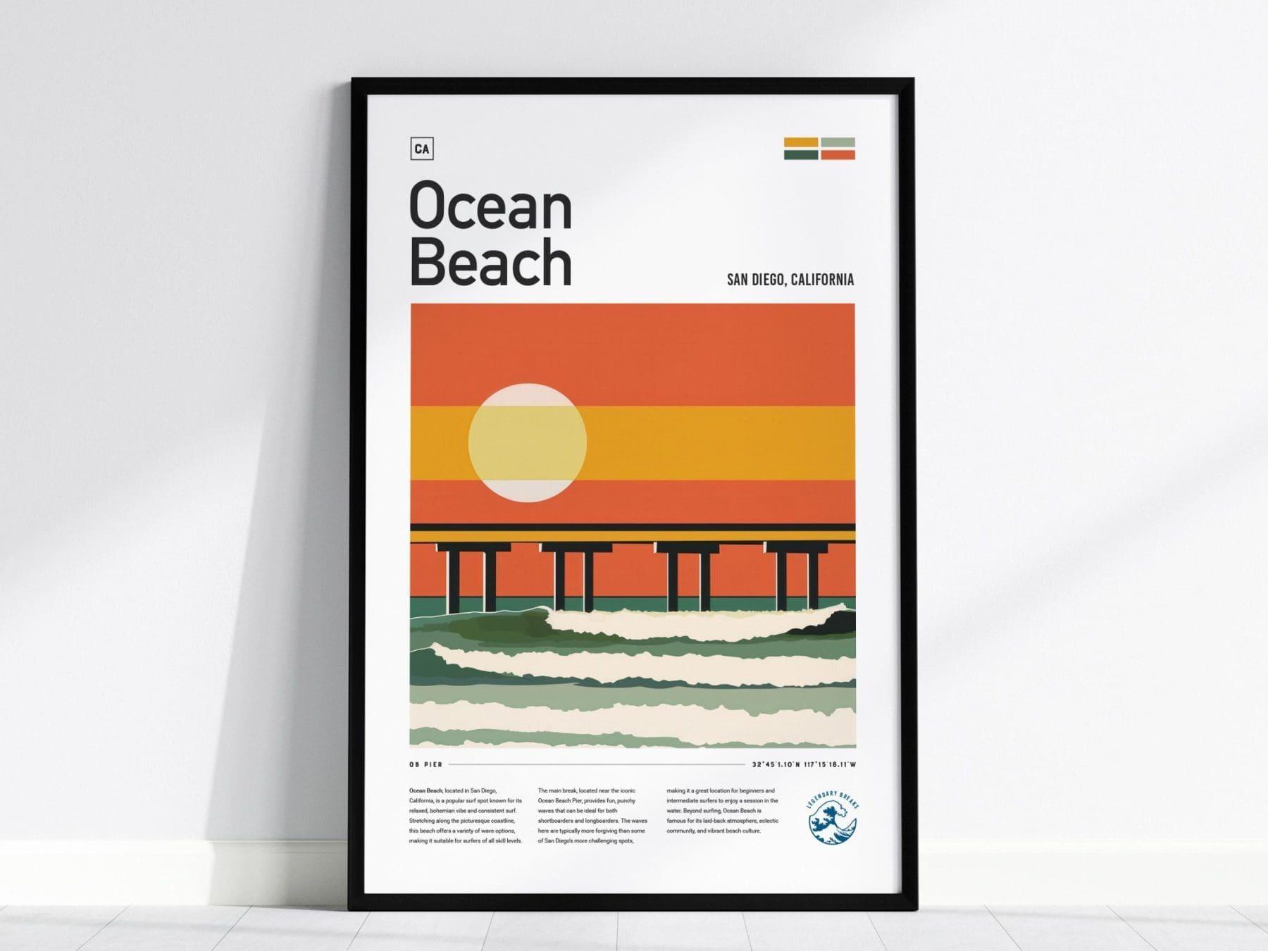Ocean Beach San Diego Surf Spot Framed Poster, Socal California OB Surfer Wall Art, CA Travel Print House Modern Design Surfing Wave Gift - Swell Scenes
