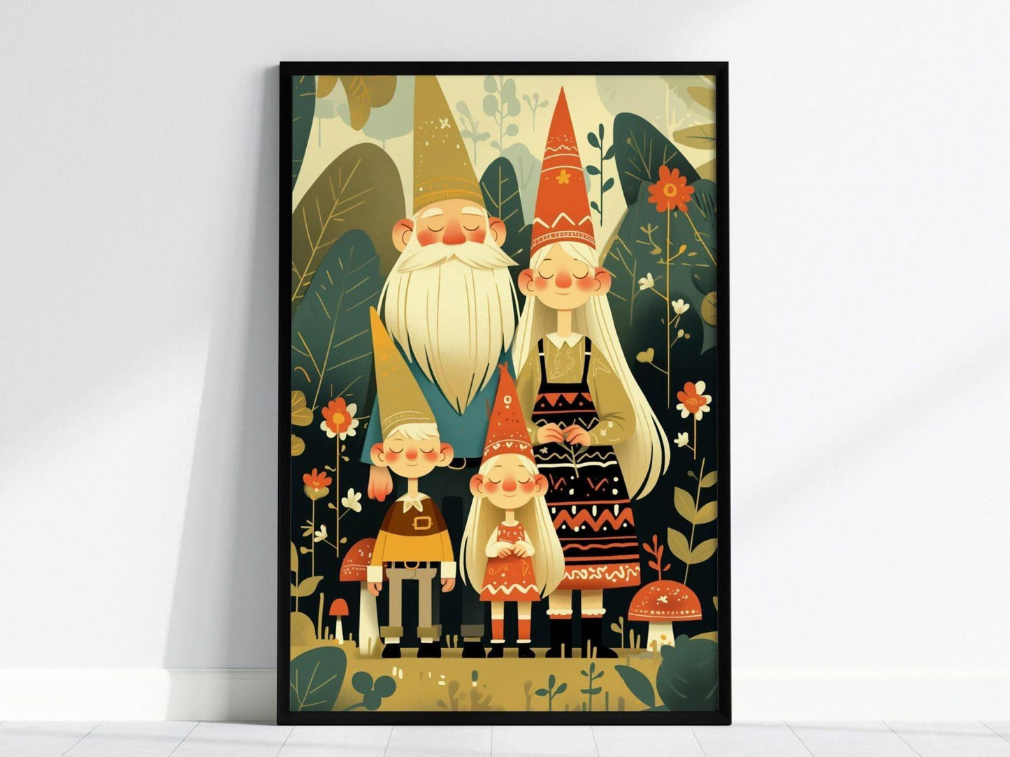 Gnome Family Portrait Framed Wall Art Cute Garden Gnomes Poster Print Hippie Folklore Cottagecore Mushroom Fantasy Forest Farm House Decor - Swell Scenes