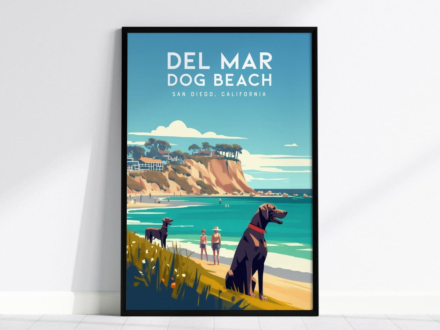 Del Mar Dog Beach California Framed Poster, San Diego Wall Art, SoCal Travel Print, Torrey Pines Modern Design Scenic Ocean Pet Lover Gift - Swell Scenes