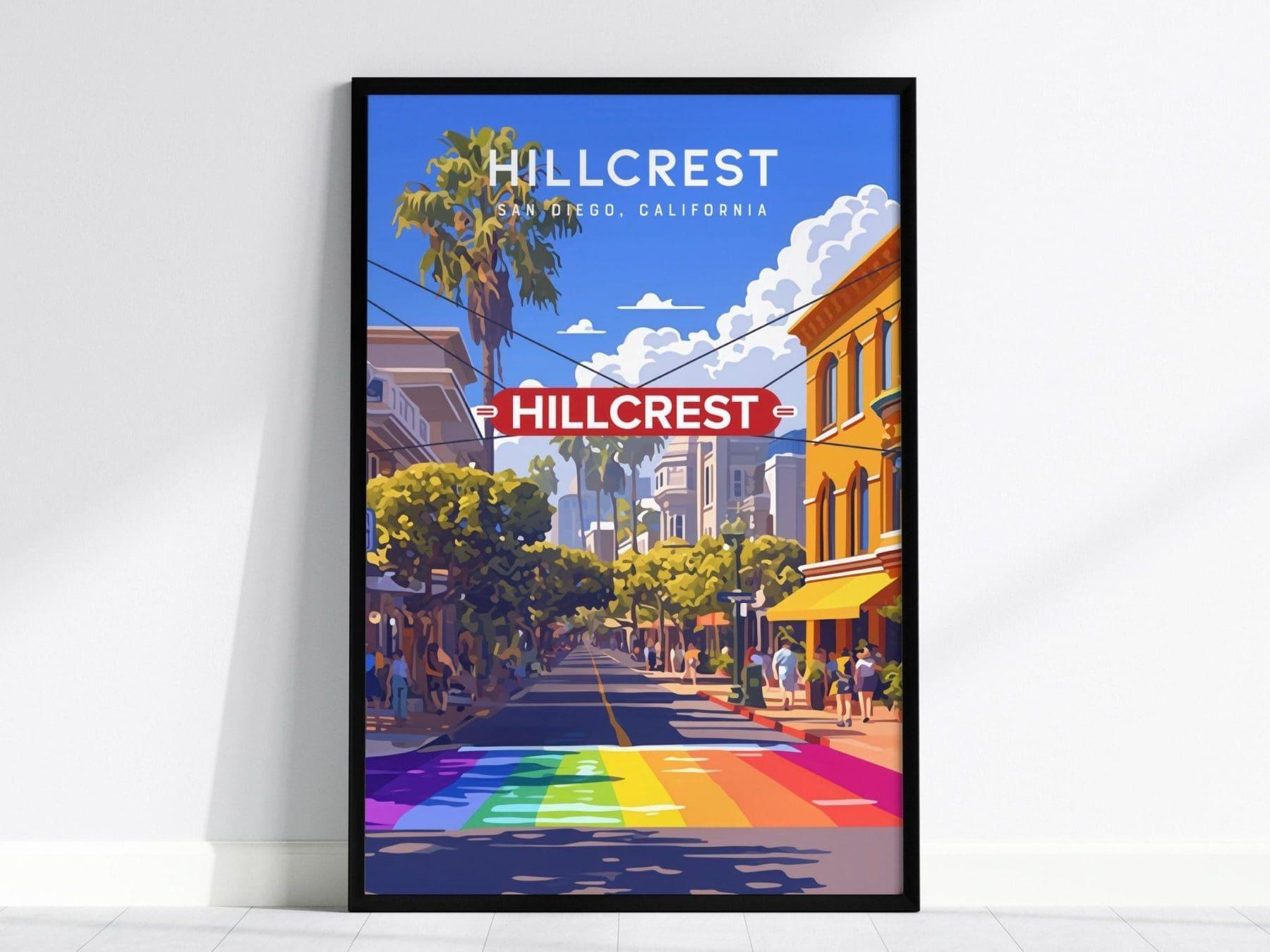 Hillcrest San Diego California Framed Poster, LGBTQ Pride Wall Art, SoCal Travel Print, Downtown SD CA Rainbow Gay Fabulous City Modern Gift - Swell Scenes