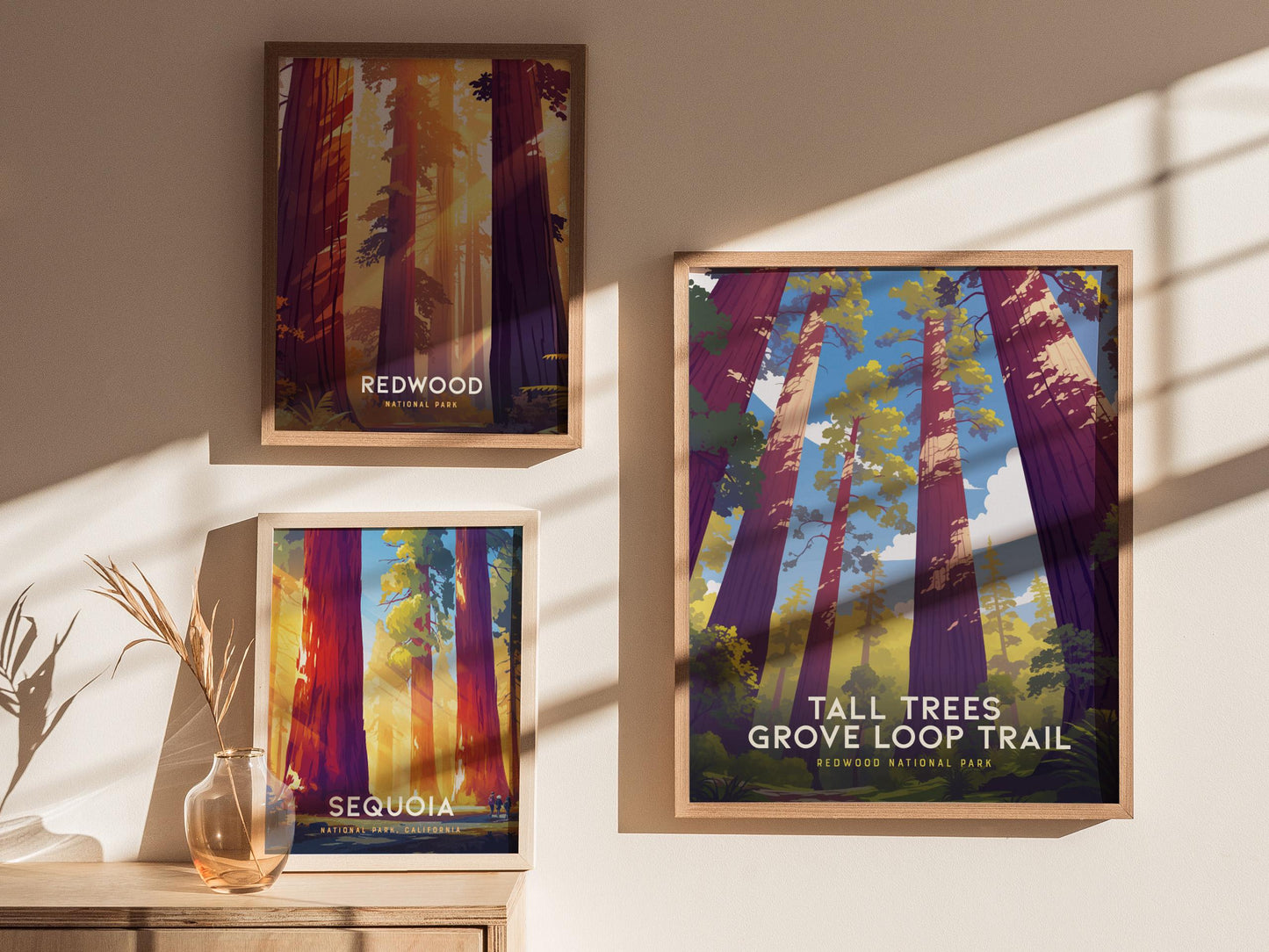 Tall Trees Grove Redwood wall art displayed in modern home with ancient forest cathedral and California national park decor