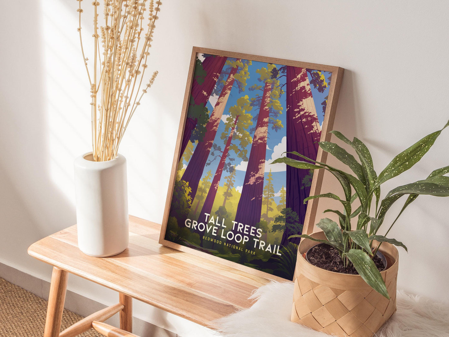 Tall Trees Grove Redwood wall art displayed in modern home with ancient forest cathedral and California national park decor