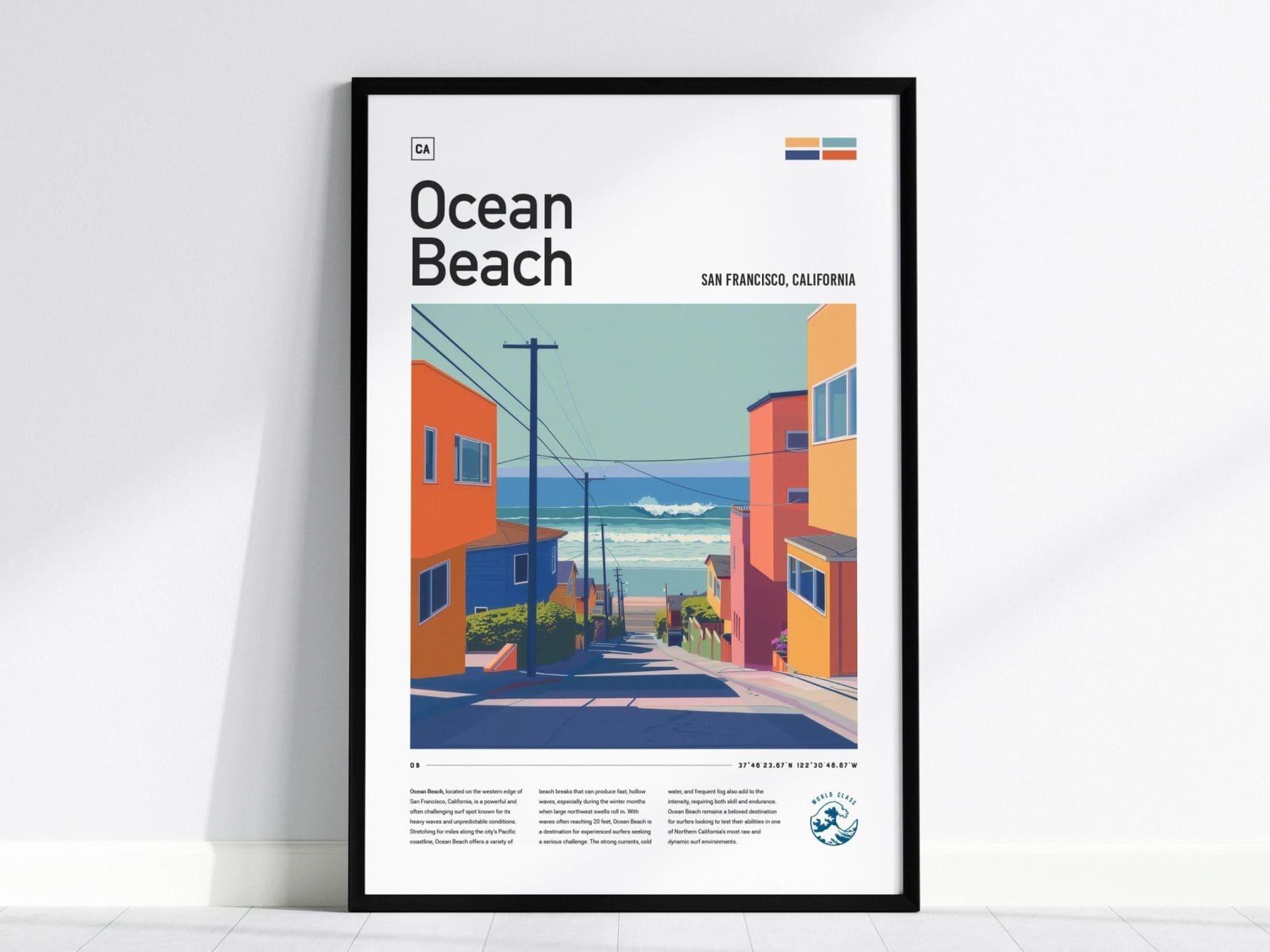 Ocean Beach Surf Spot Framed Poster, San Francisco California OB Surfer Wall Art, CA Travel Print House Modern Design Surfing Big Wave Gift - Swell Scenes