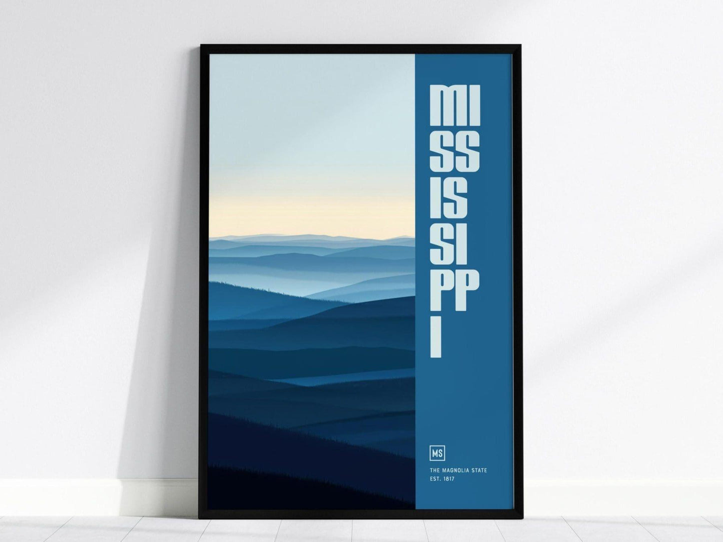 Mississippi, The Magnolia State Poster - Abstract Blue Tones, Available Framed/Unframed, Perfect for Home Decor, Mississippi Wall Decor - Swell Scenes