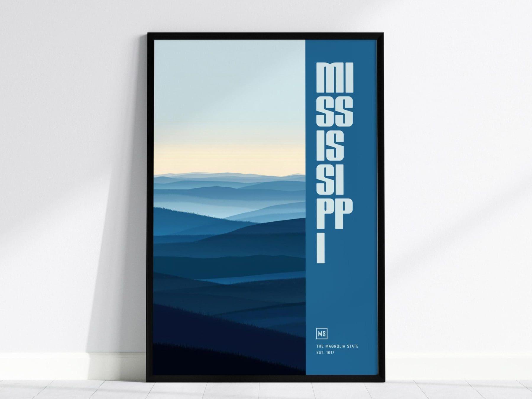 Mississippi, The Magnolia State Poster - Abstract Blue Tones, Available Framed/Unframed, Perfect for Home Decor, Mississippi Wall Decor - Swell Scenes