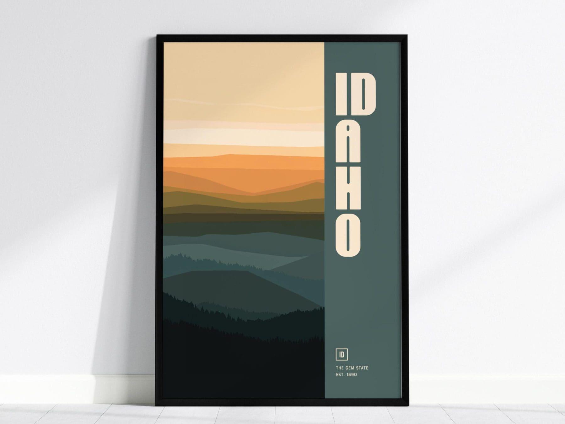 Idaho, The Gem State Abstract Art Poster - Modern Home Decor in Oranges and Blues, Perfect for Minimalist Interiors, Chic Home Decor - Swell Scenes