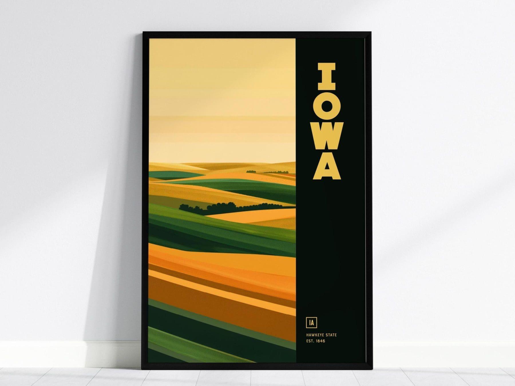 Iowa, The Hawkeye State Poster - Abstract Rolling Hills Landscape, Available Framed/Unframed, Perfect for Home Decor, Great Iowa State Gift - Swell Scenes