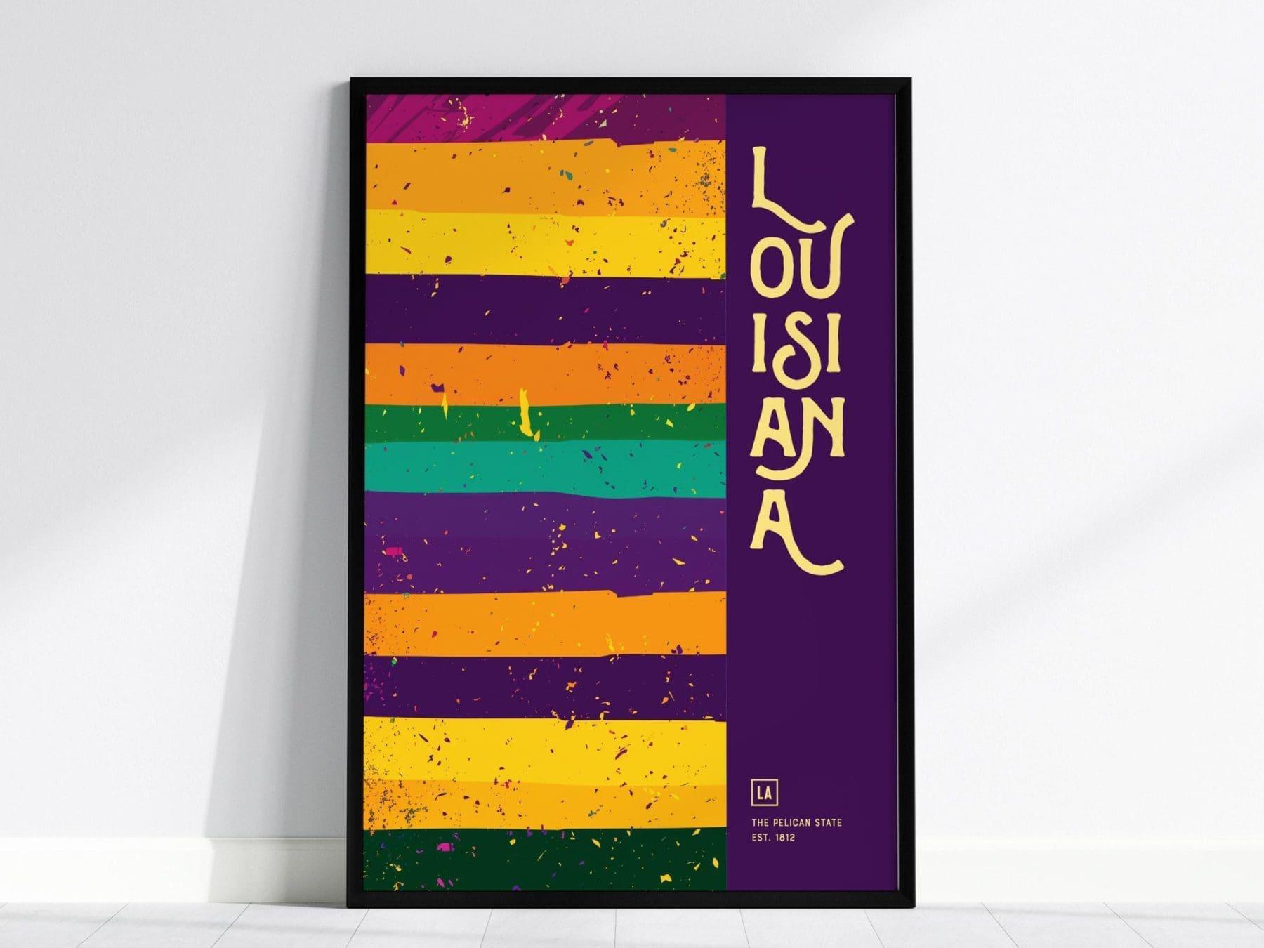 Louisiana, The Pelican State Poster - Vibrant Jazz and Mardi Gras Abstract Art, Framed/Unframed, Great Gift for Jazz Fans, Mardi Gras Decor - Swell Scenes