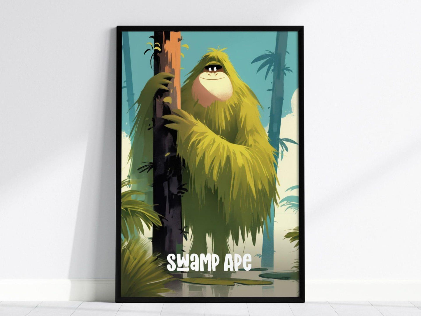Swamp Ape Cute Cryptids Wall Art Series | Florida Bigfoot Kids Room Framed Poster | Children's Illustration Toddler Boys Bedroom Nursery Print - Swell Scenes