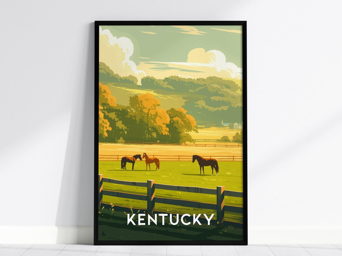 Kentucky State Poster Pasture Bourbon Distillery Wall Art - KY Derby Horses Travel Poster Print Southeast Nature Cottagecore Country Gift - Swell Scenes