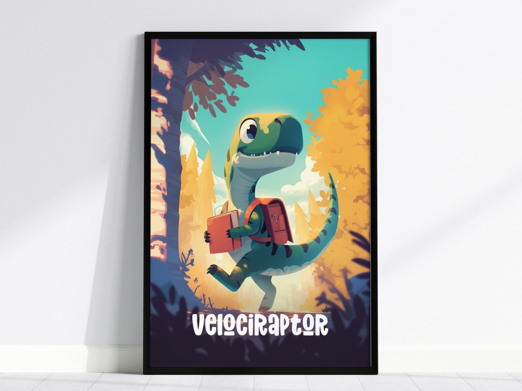 Velociraptor Dinosaur Kids Bedroom Framed Wall Art | Friendly Dino Theme Nursery Print | Jurassic Raptor Boys Room Poster | Prehistoric Toddler Home Decor Illustration - Swell Scenes