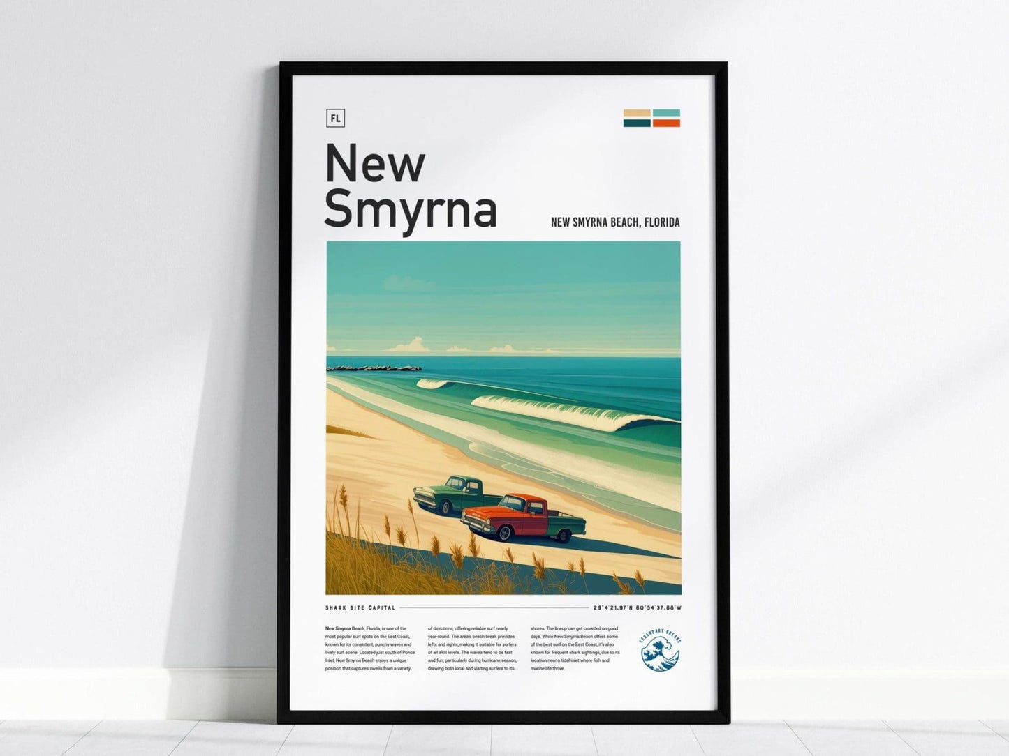New Smyrna Beach Surf Spot Framed Poster | Shark Attack Capital Florida Wave Wall Art | FL Surfer Travel Print Design | NSB Man Cave Surfing Decor Gift - Swell Scenes