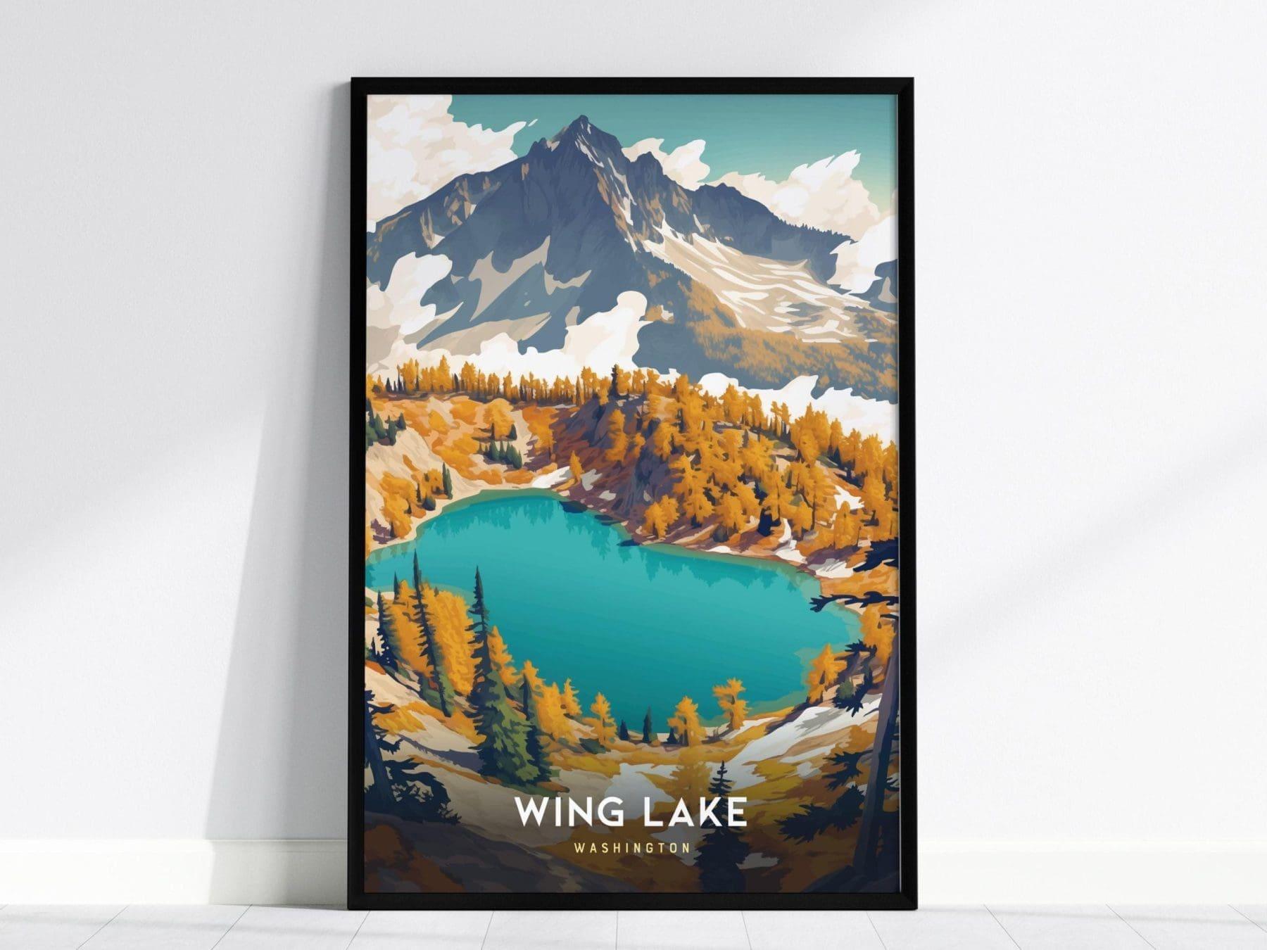 Framed poster of Wing Lake with mountains and trees on a white wall.