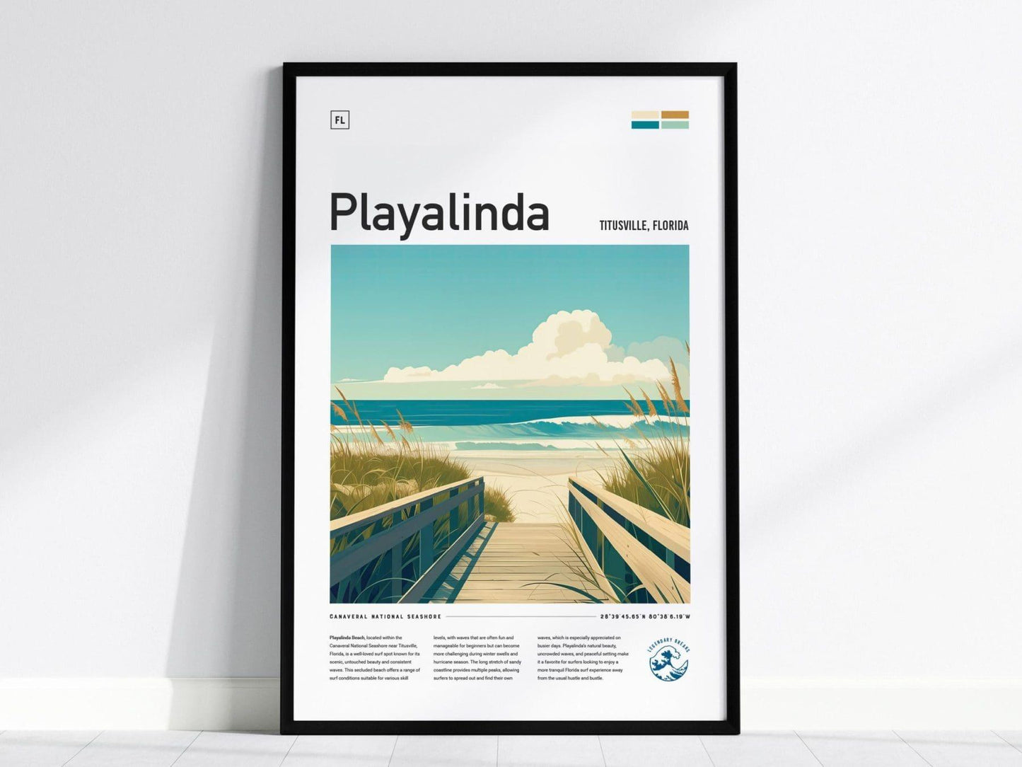 Playalinda Beach Florida Surf Spot Framed Poster | Canaveral National Seashore FL Wave | Surfer Travel Print Gift | Minimalist Surfing Coastal Home Decor - Swell Scenes