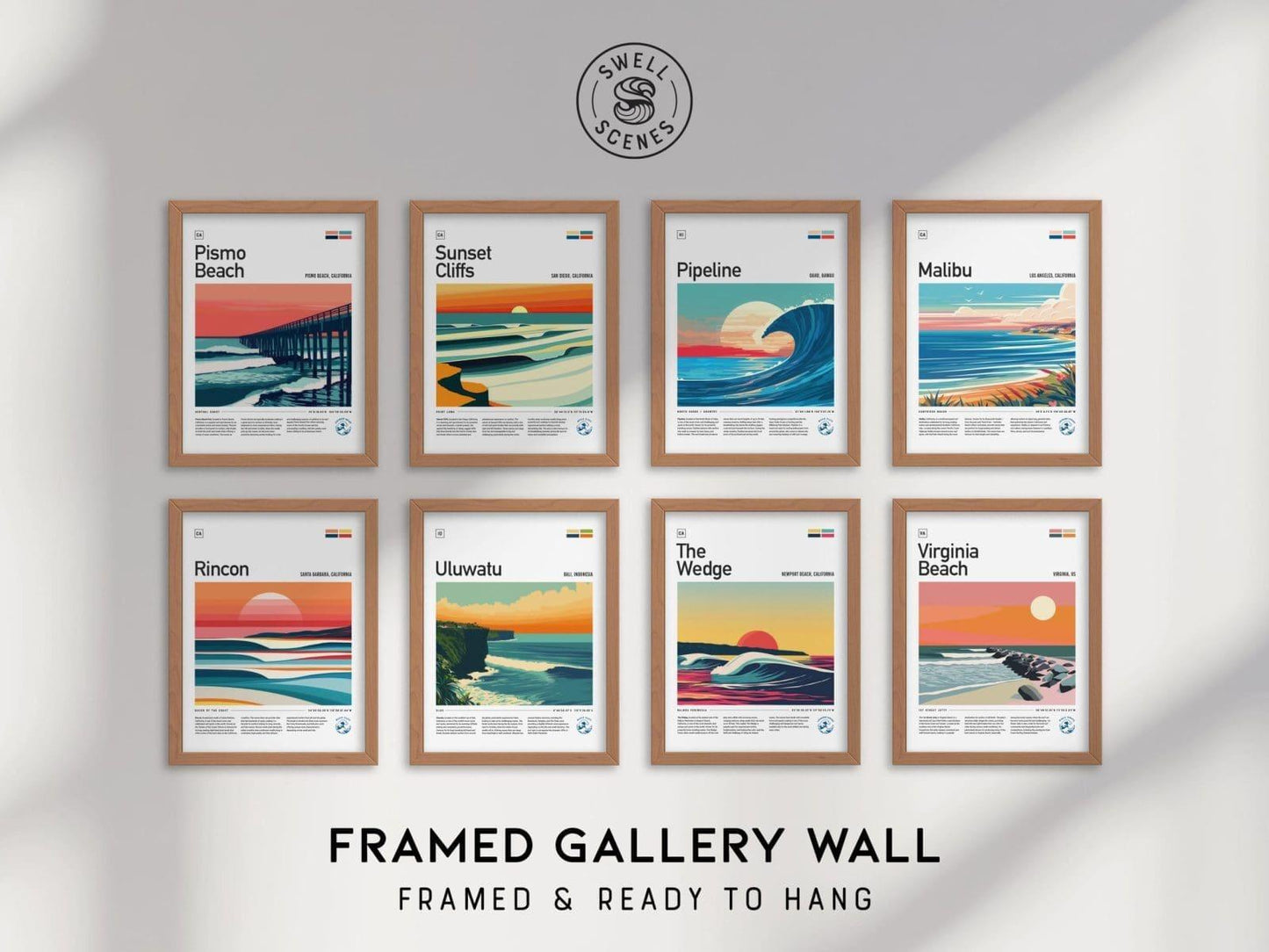 Surf Series Art Gallery Wall FRAMED or UNFRAMED Pick 8 Iconic Wave Travel Poster Set Surfer Gift Surfing Beach Vibes | Swell Scenes | S8-2 - Swell Scenes