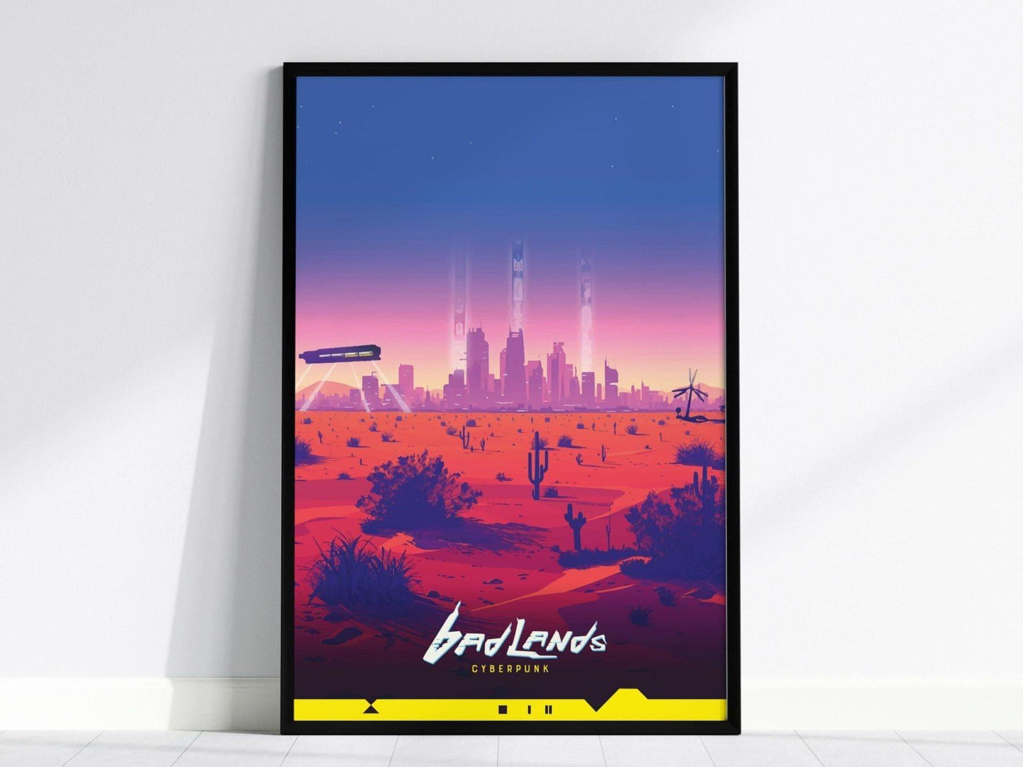Badlands, Cyberpunk Poster – Vast Desert Landscape with Night City in the Distance, Perfect Decor for Cyberpunk Gamers, Gamer Decor Gift - Swell Scenes