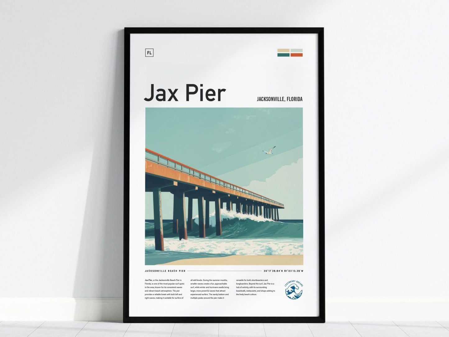 Jax Pier Florida Surf Spot Framed Poster | Jacksonville Beach Wave Modern Wall Art | FL Surfing Minimalist Design Travel Print | Coastal Surfer Decor Man Cave Gift - Swell Scenes