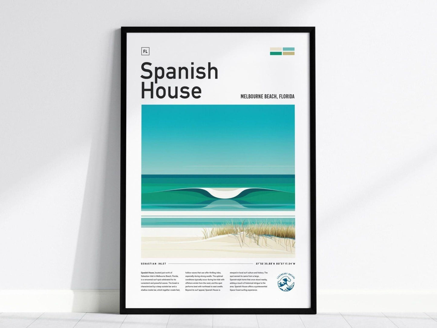 Spanish House Florida Surf Spot Framed Poster | Melbourne Beach Sebastian Inlet FL Wave Travel Print | Surfing Wall Art Modern Decor | Minimalist Design Surfer Gift - Swell Scenes