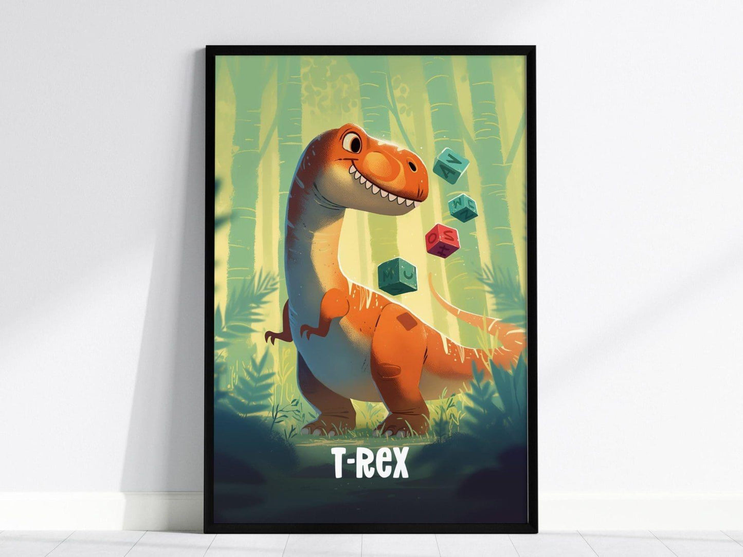 T-Rex Dinosaur Kids Bedroom Framed Wall Art | Friendly Jurassic Dino Theme Nursery Print | Tyrannosaurus Rex Boys Room Poster | Prehistoric Toddler Home Decor Illustration - Swell Scenes