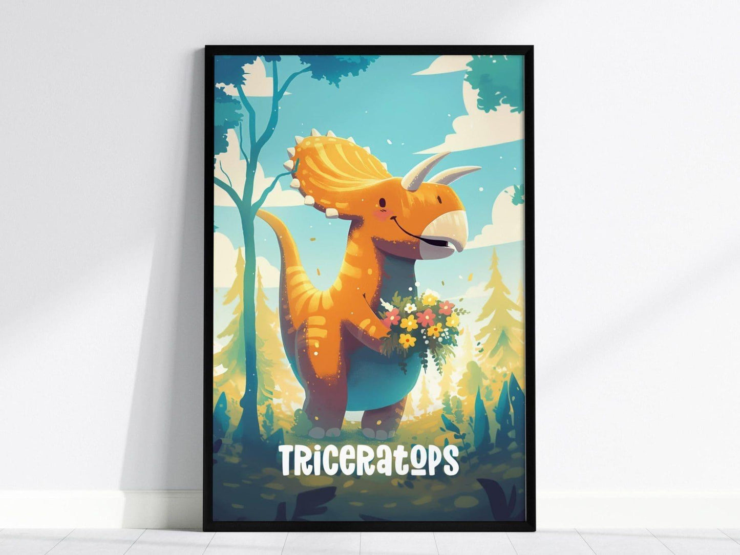 Framed poster of a Triceratops dinosaur holding flowers in a forest setting.