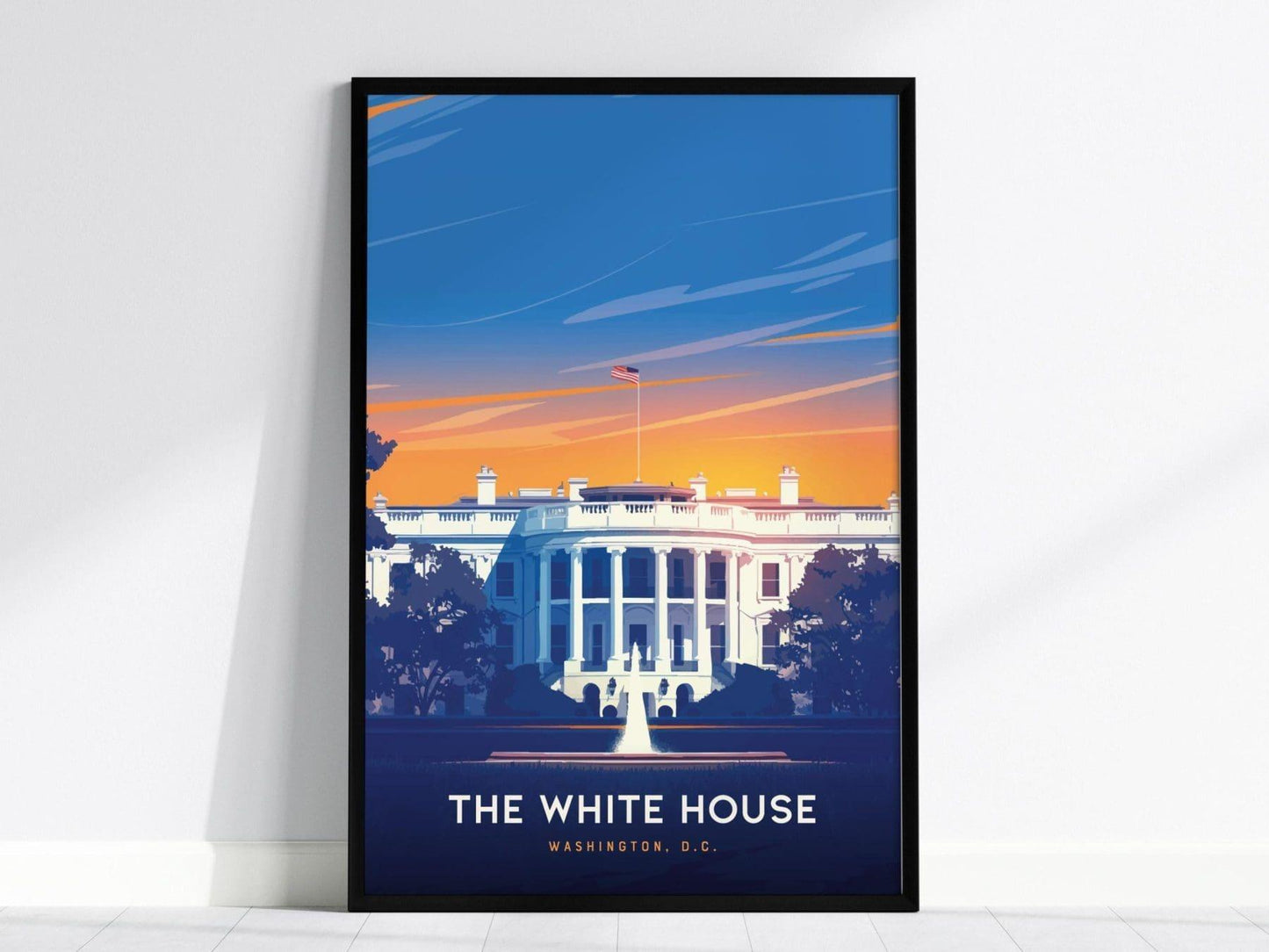 Framed poster of The White House with a blue sky and orange sunset.