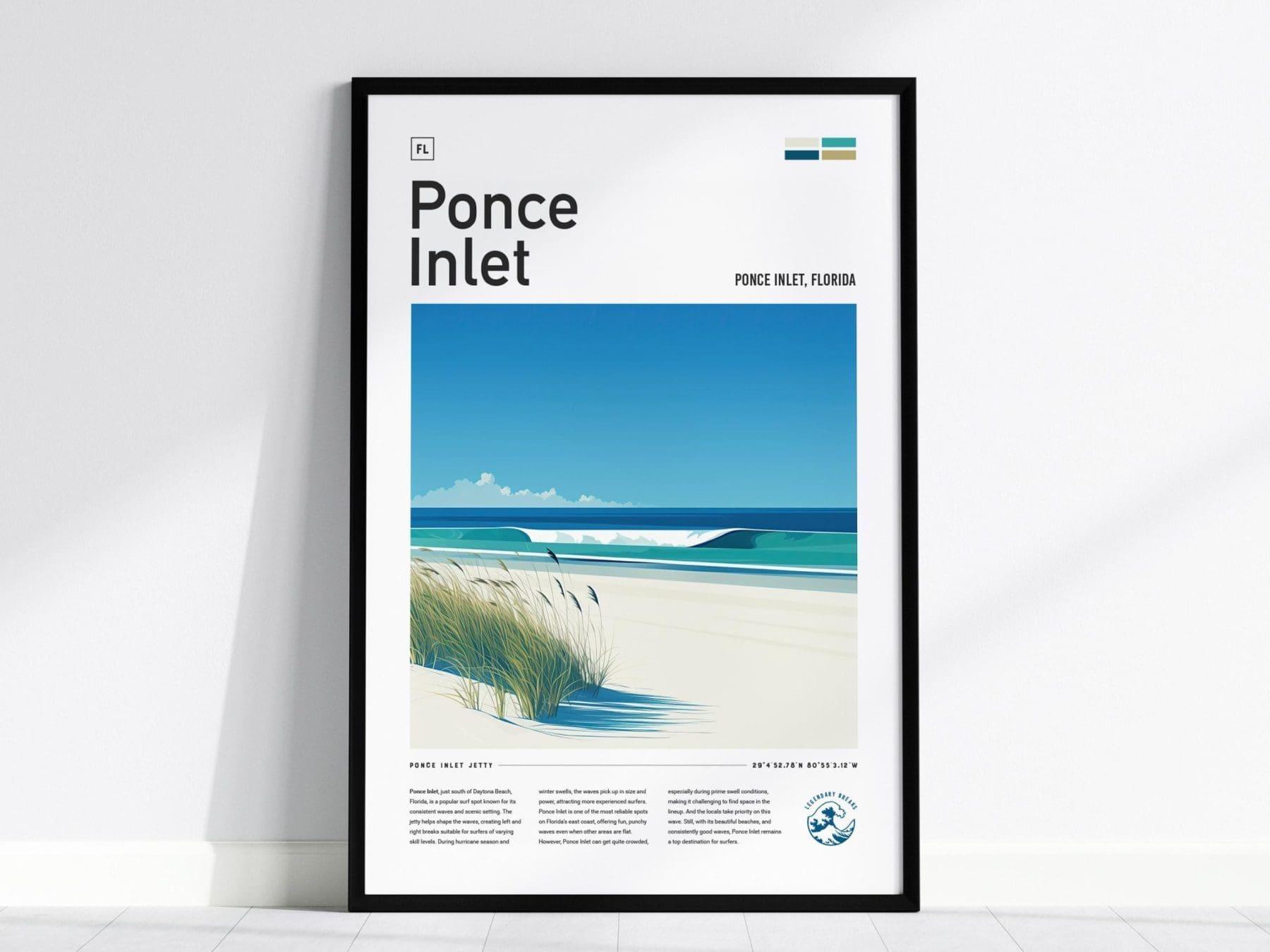Ponce Inlet Florida Surf Spot Framed Poster | Daytona Beach FL Jetty Wave Travel Print | Surfing Decor Minimal Design Wall Art | Man Cave Decor Surfer Gift - Swell Scenes