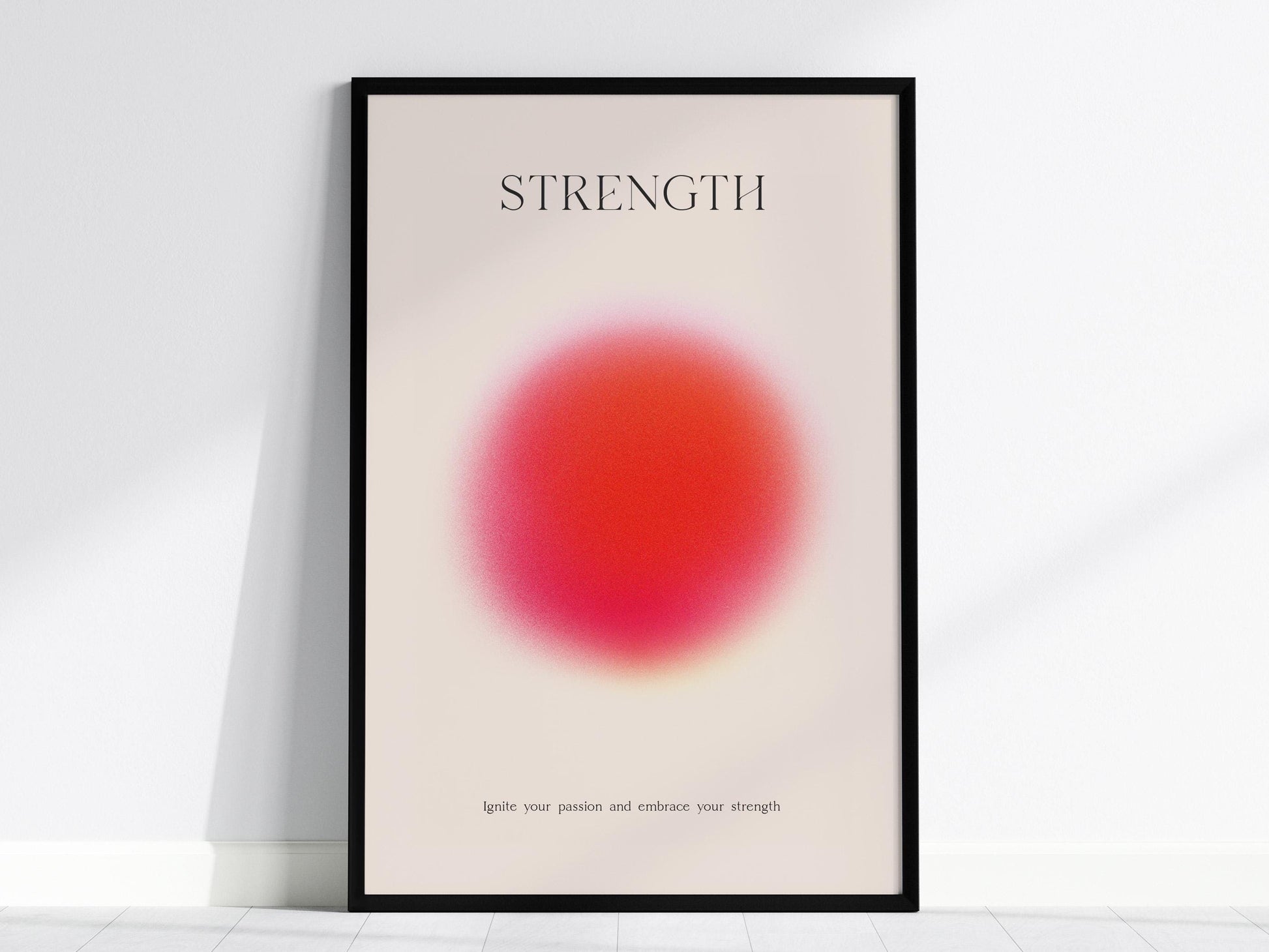 Strength Aura poster in black wood frame showing empowering abstract art with warm colors for motivational home decor