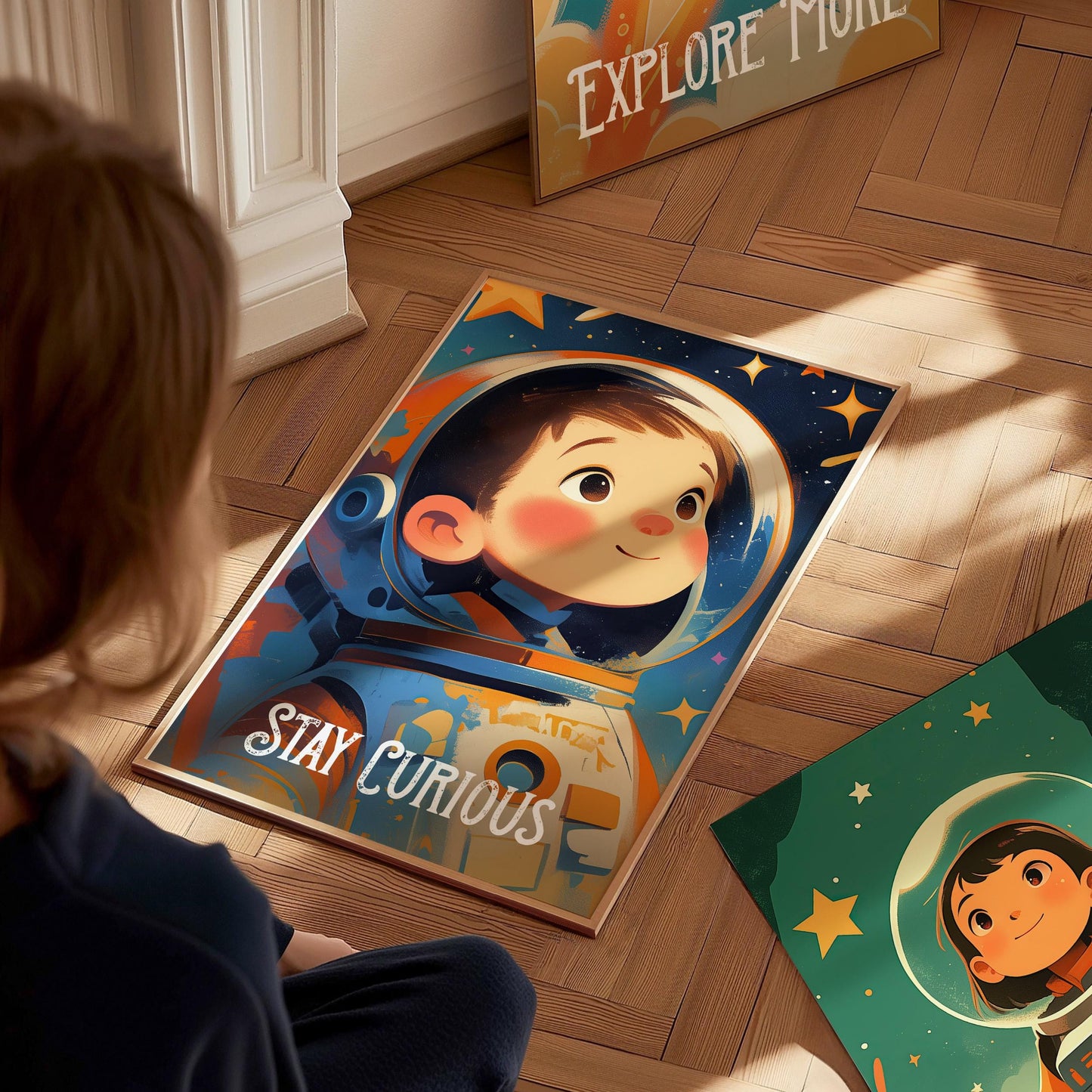 Stay Curious - Astronaut Space Series Kids Room Decor Framed Wall Art Set