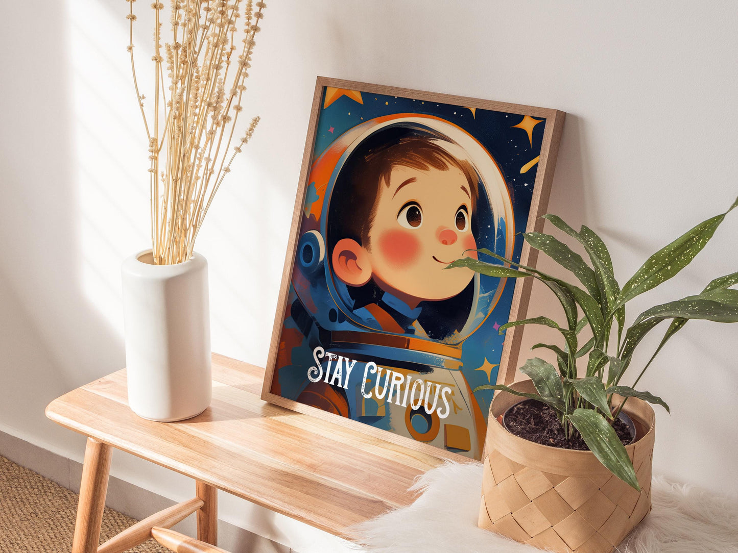 Stay Curious - Astronaut Space Series Kids Room Decor Framed Wall Art Set