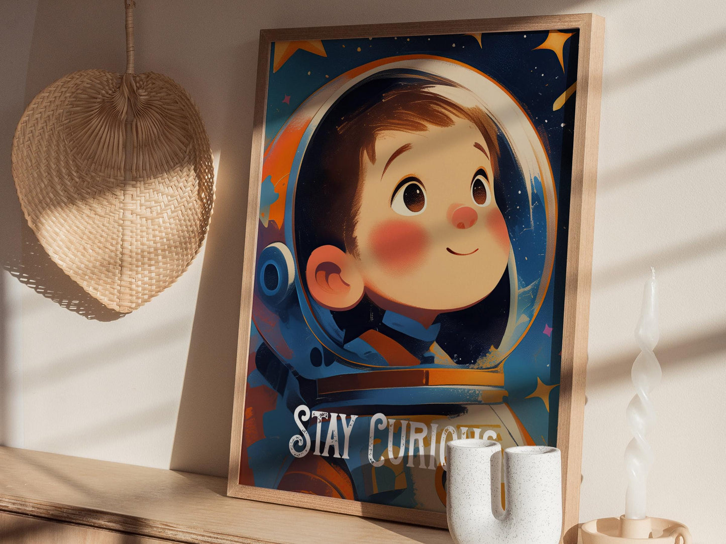 Stay Curious - Astronaut Space Series Kids Room Decor Framed Wall Art Set