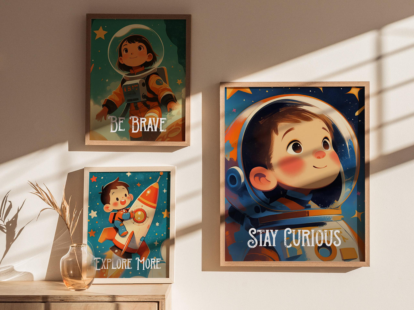 Stay Curious - Astronaut Space Series Kids Room Decor Framed Wall Art Set